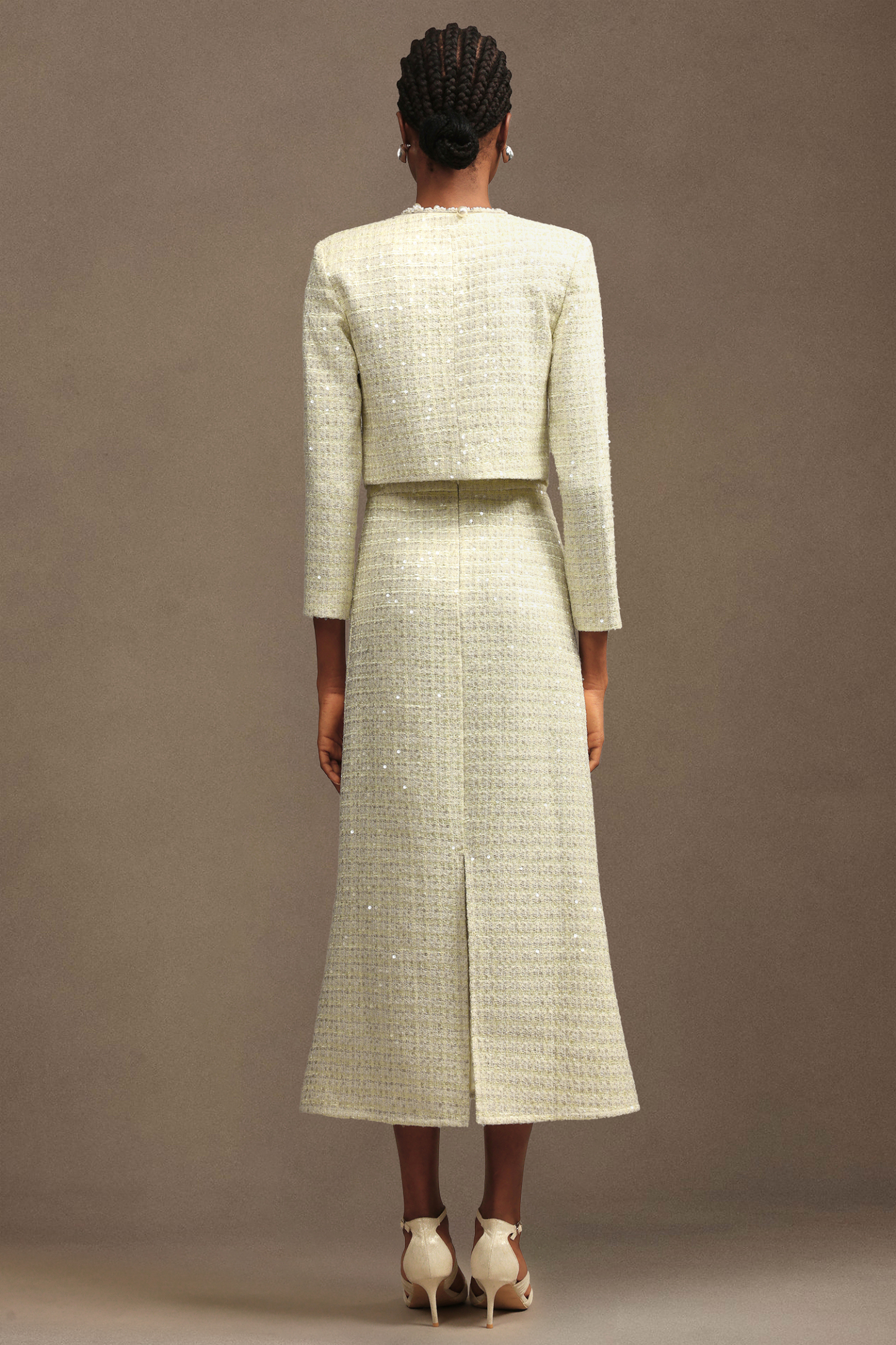 Minon Modern Tailored Long Sleeve Sequin Tweed Top And Skirt Two-Piece Set