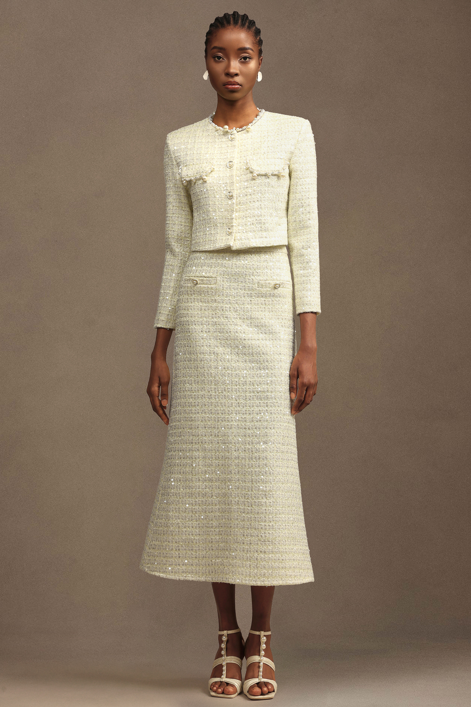 Minon Modern Tailored Long Sleeve Sequin Tweed Top And Skirt Two-Piece Set