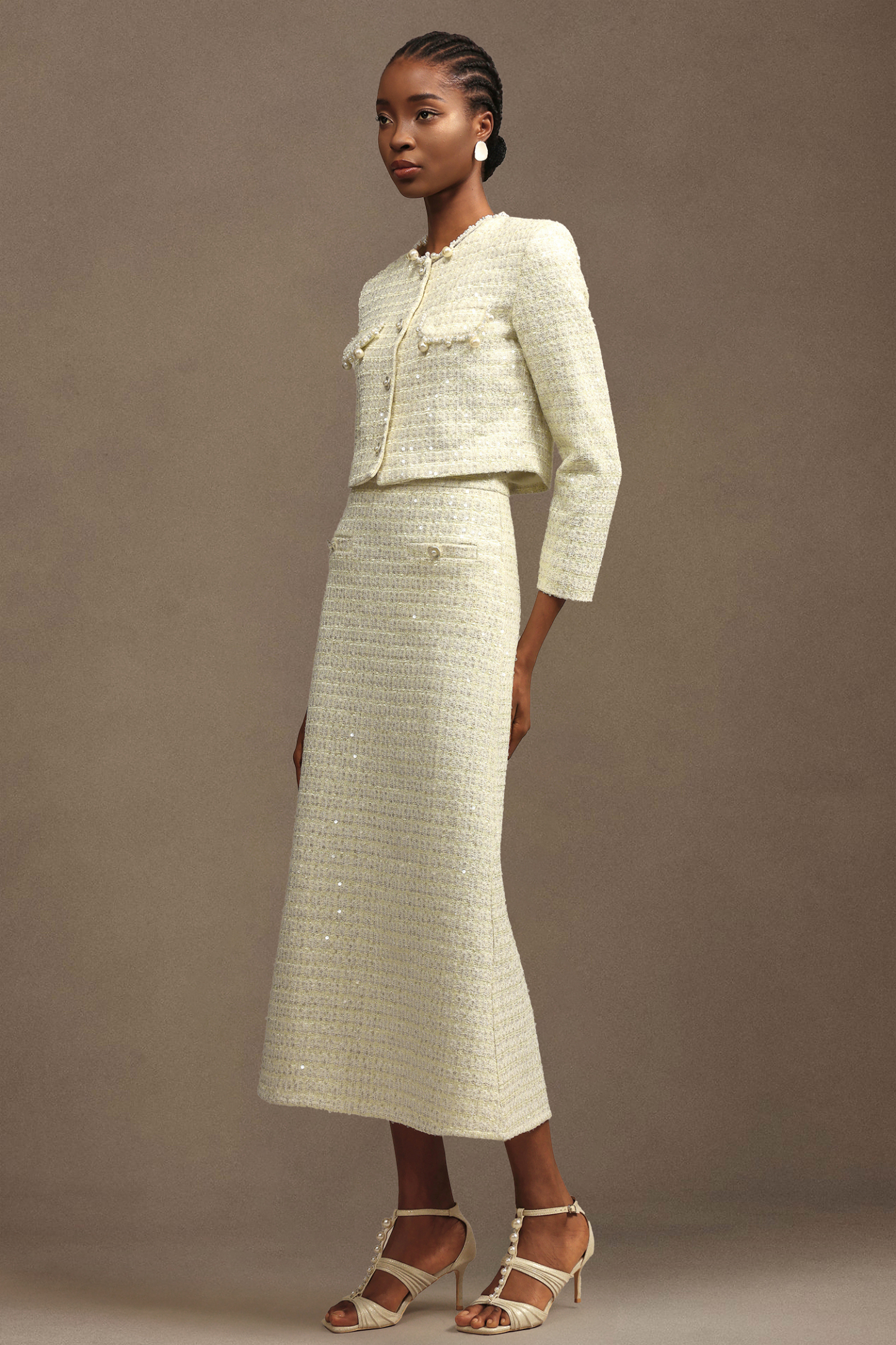 Minon Modern Tailored Long Sleeve Sequin Tweed Top And Skirt Two-Piece Set