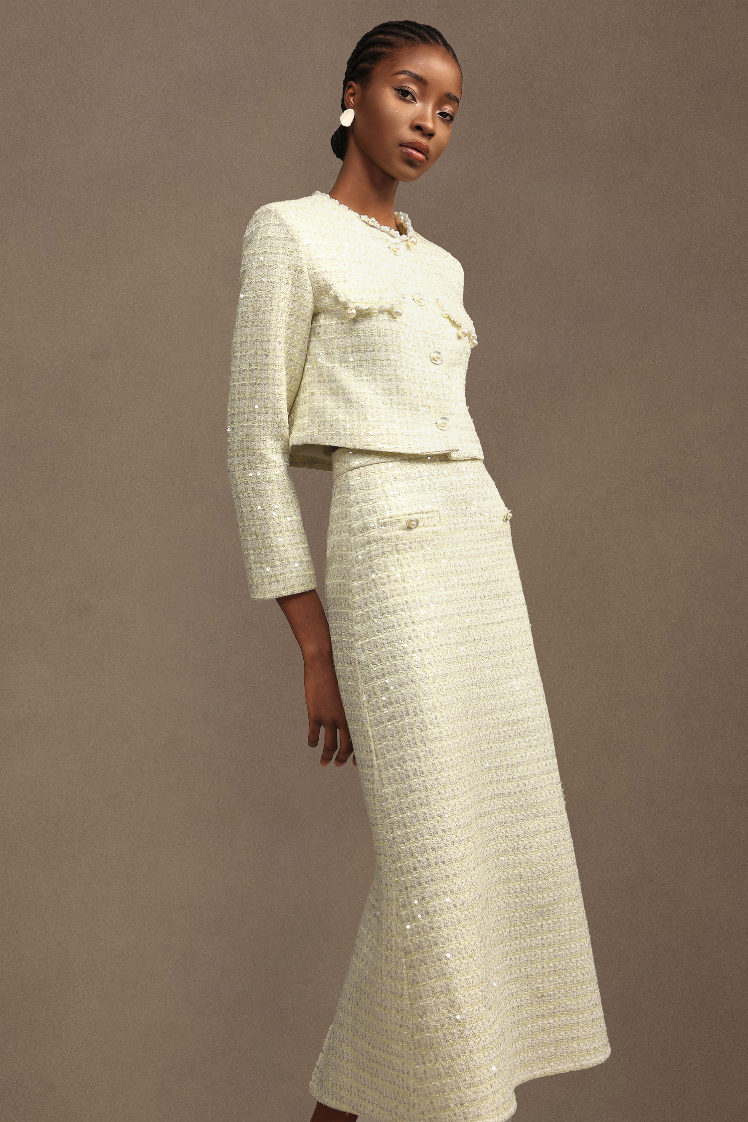 Minon Modern Tailored Long Sleeve Sequin Tweed Top And Skirt Two-Piece Set