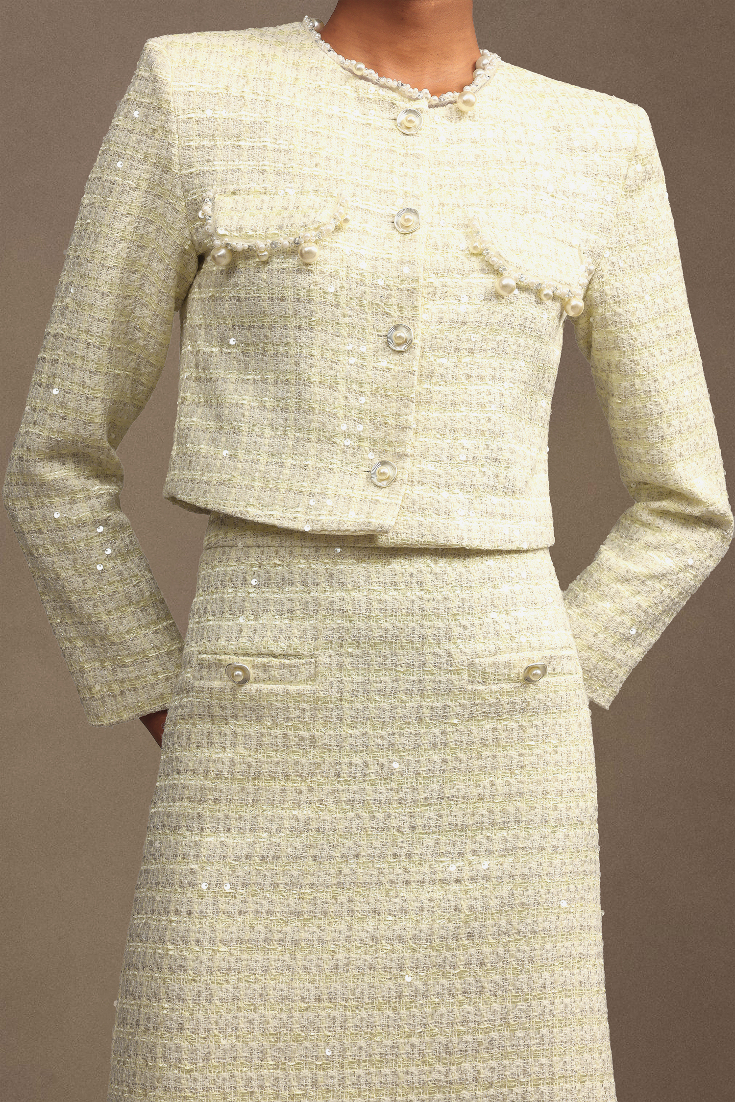 Minon Modern Tailored Long Sleeve Sequin Tweed Top And Skirt Two-Piece Set