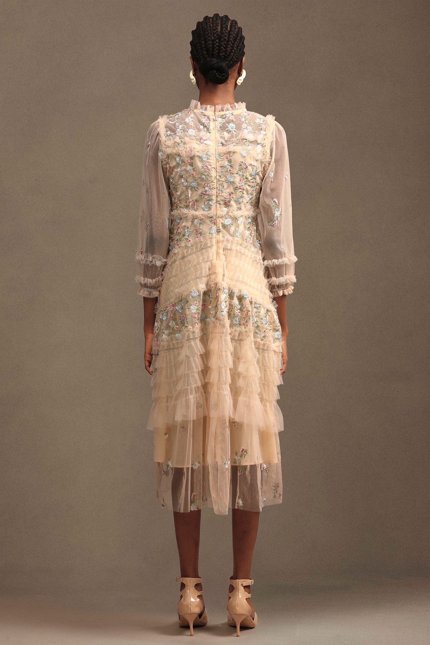 Lina Resort Flowy Ruched Long Sleeve Floral Mesh Maxi Dress