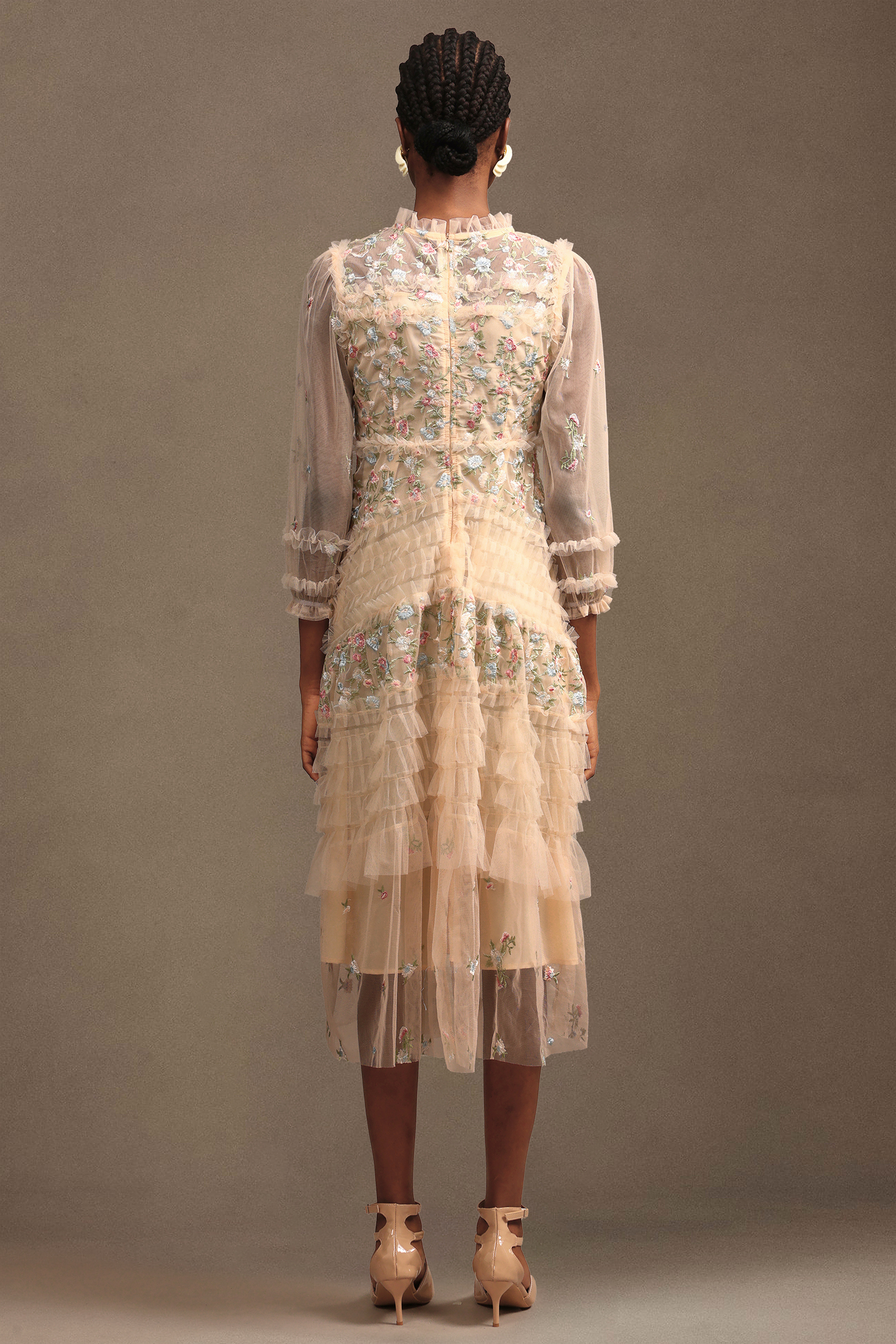 Lina Resort Flowy Ruched Long Sleeve Floral Mesh Maxi Dress