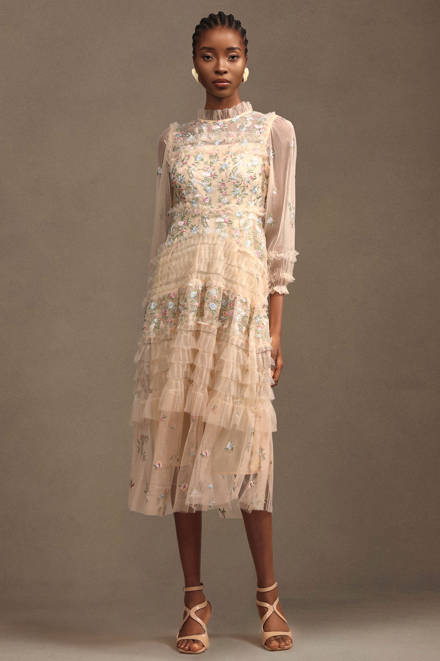 Lina Resort Flowy Ruched Long Sleeve Floral Mesh Maxi Dress