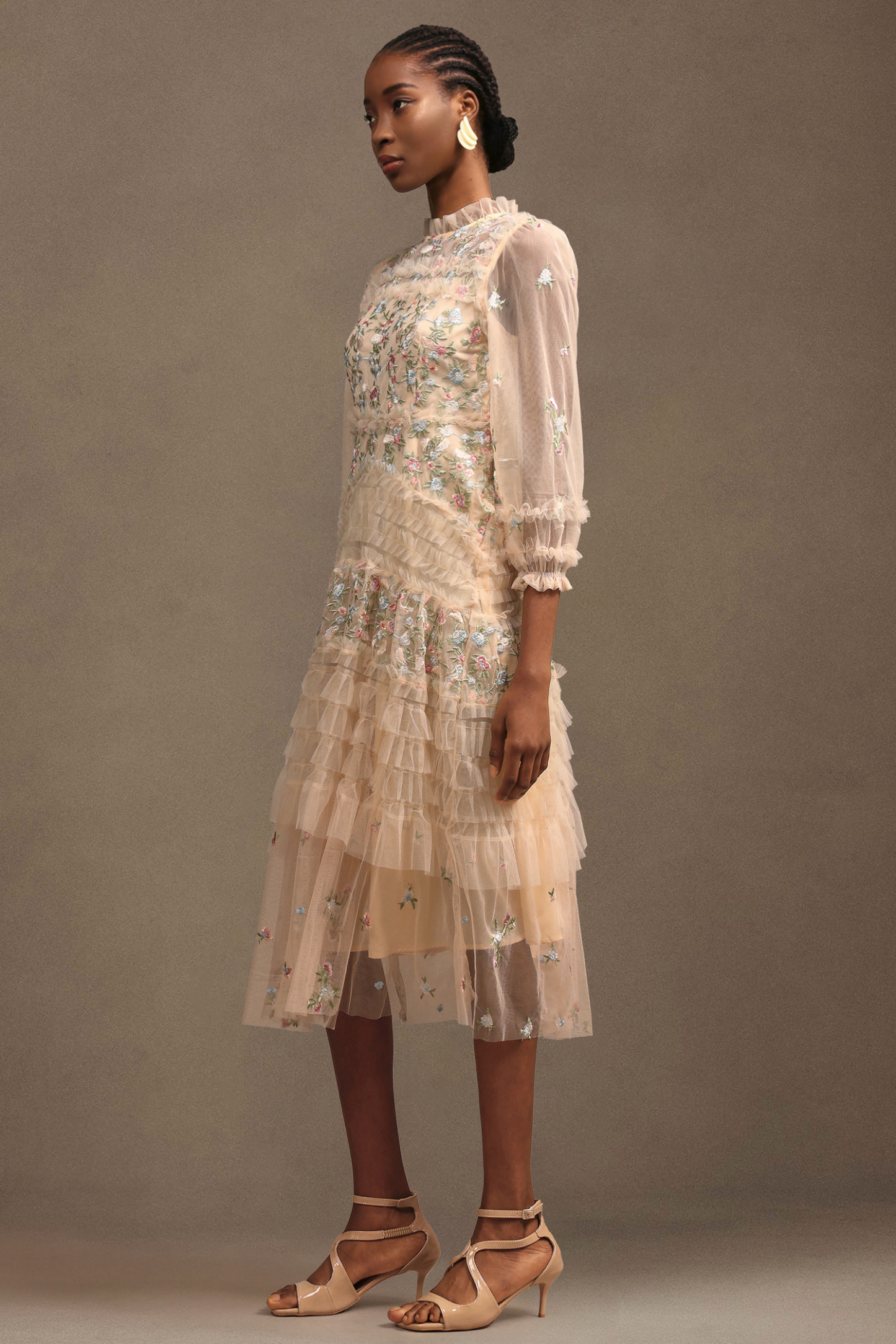 Lina Resort Flowy Ruched Long Sleeve Floral Mesh Maxi Dress