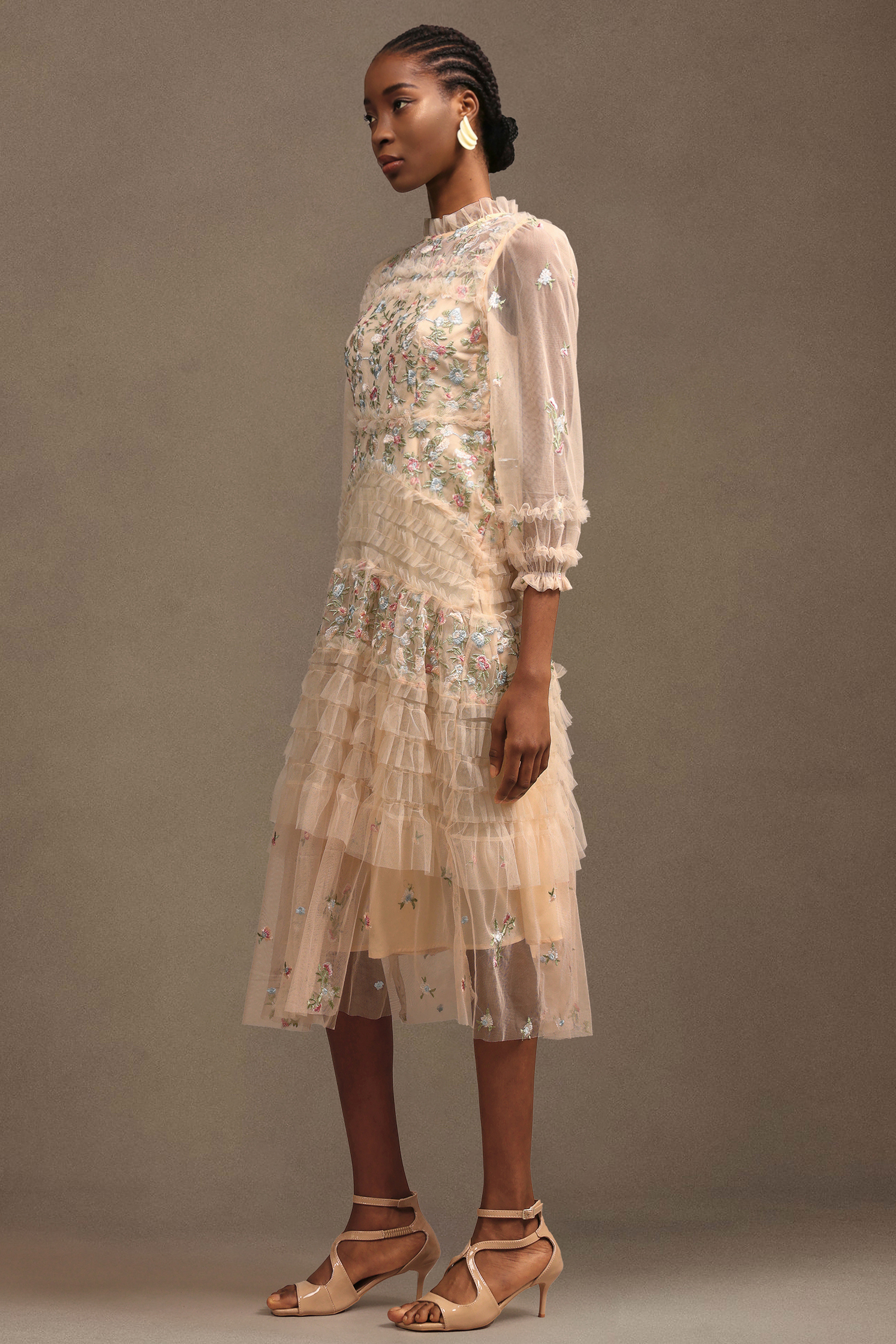 Lina Resort Flowy Ruched Long Sleeve Floral Mesh Maxi Dress