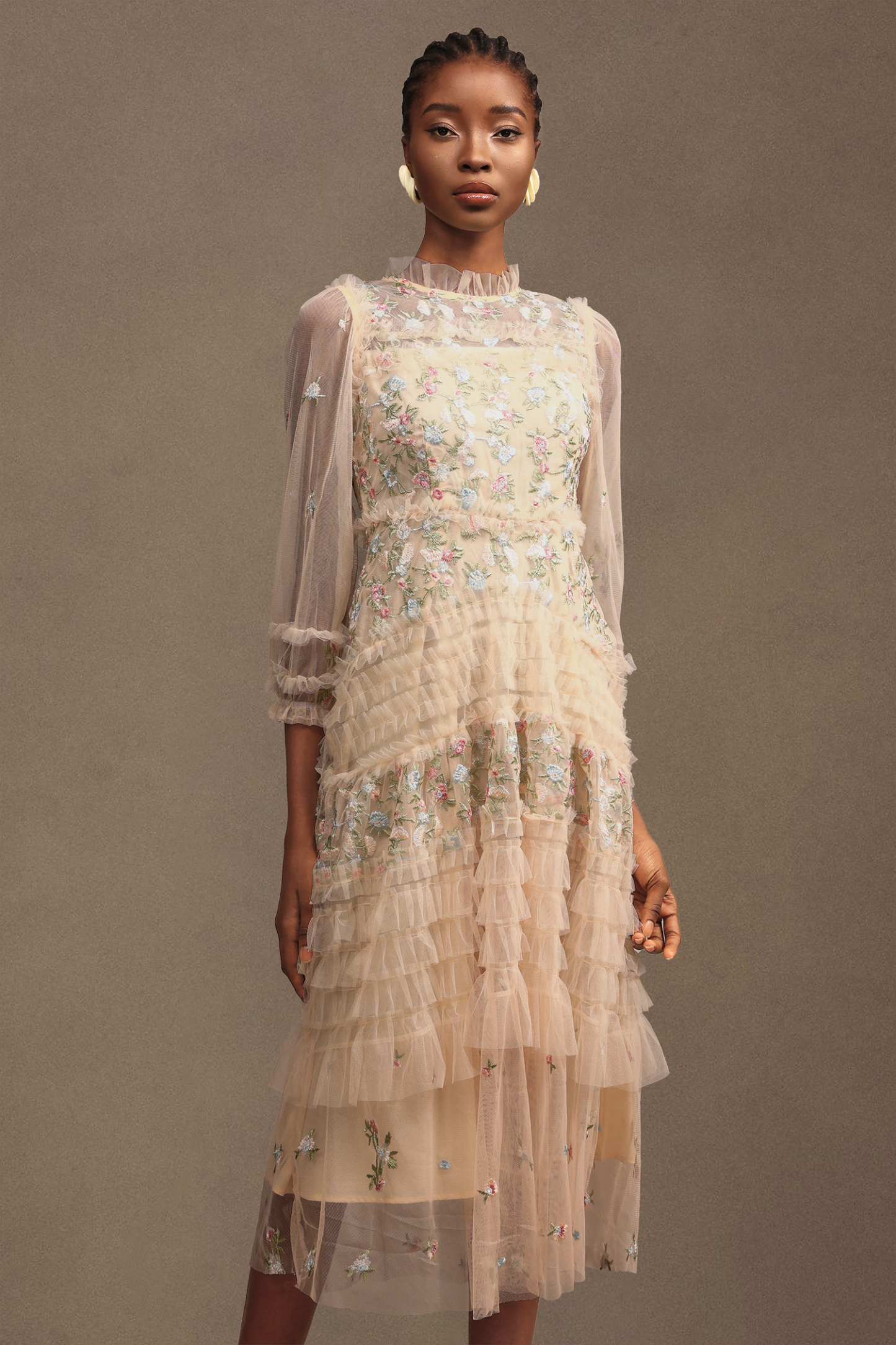 Lina Resort Flowy Ruched Long Sleeve Floral Mesh Maxi Dress