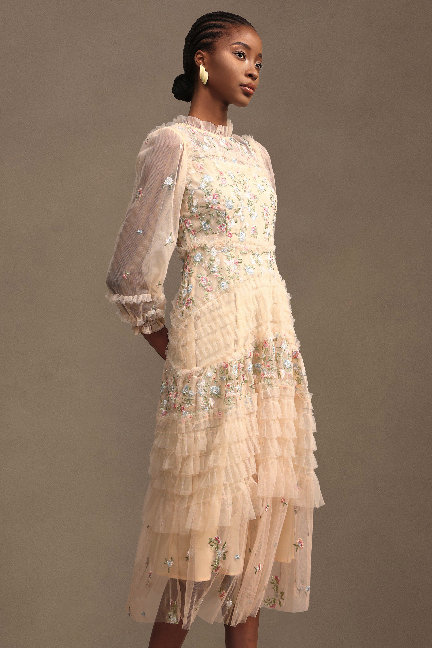 Lina Resort Flowy Ruched Long Sleeve Floral Mesh Maxi Dress