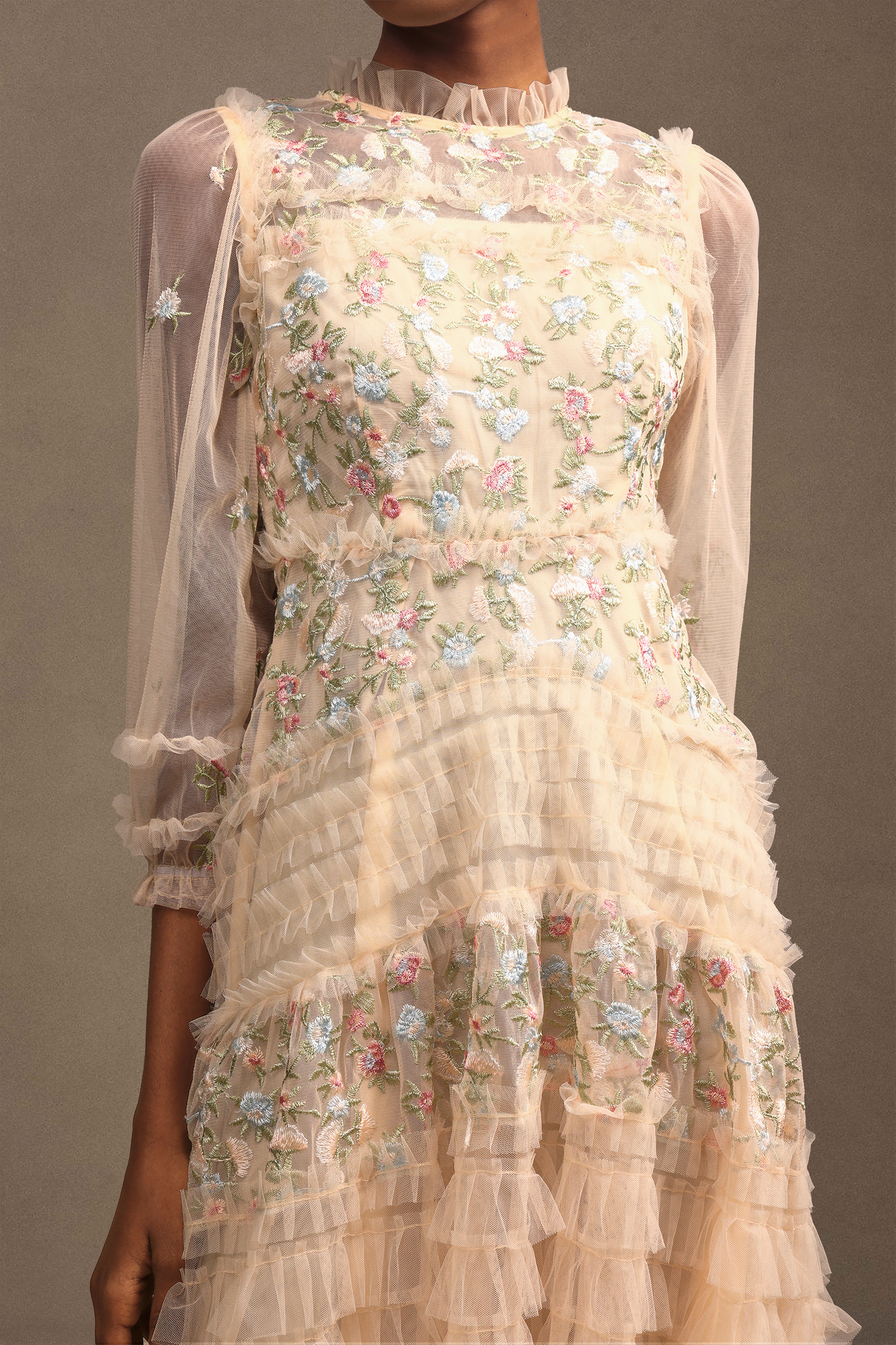 Lina Resort Flowy Ruched Long Sleeve Floral Mesh Maxi Dress