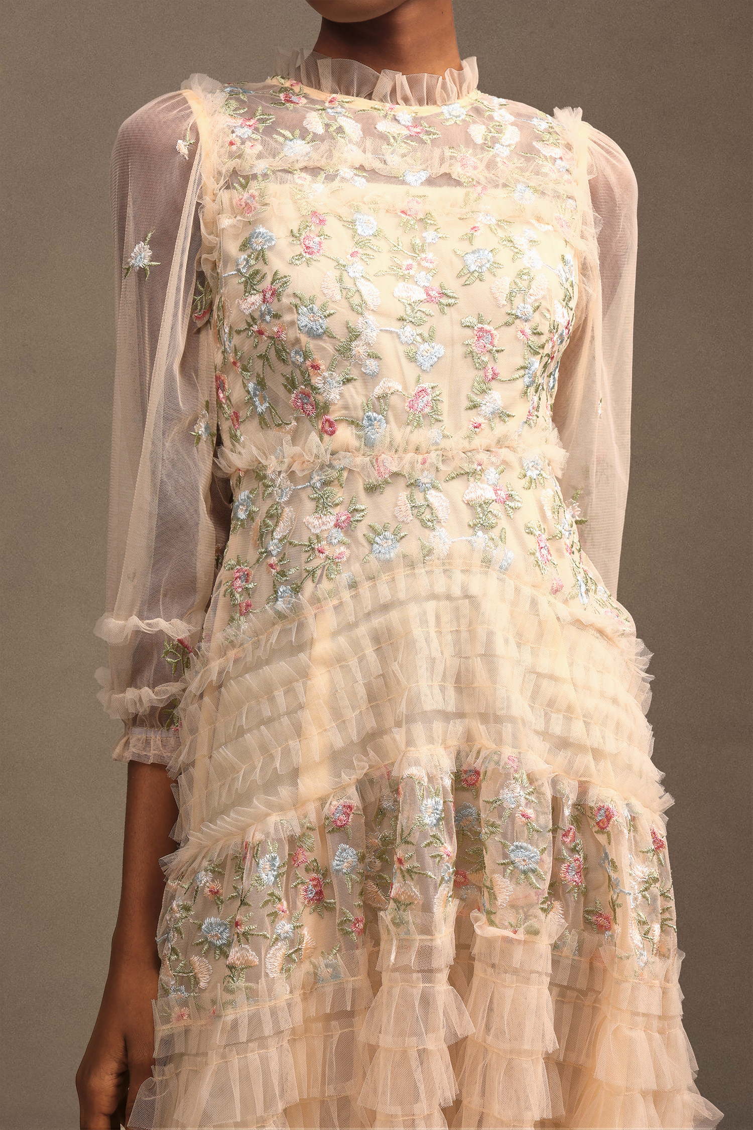 Lina Resort Flowy Ruched Long Sleeve Floral Mesh Maxi Dress