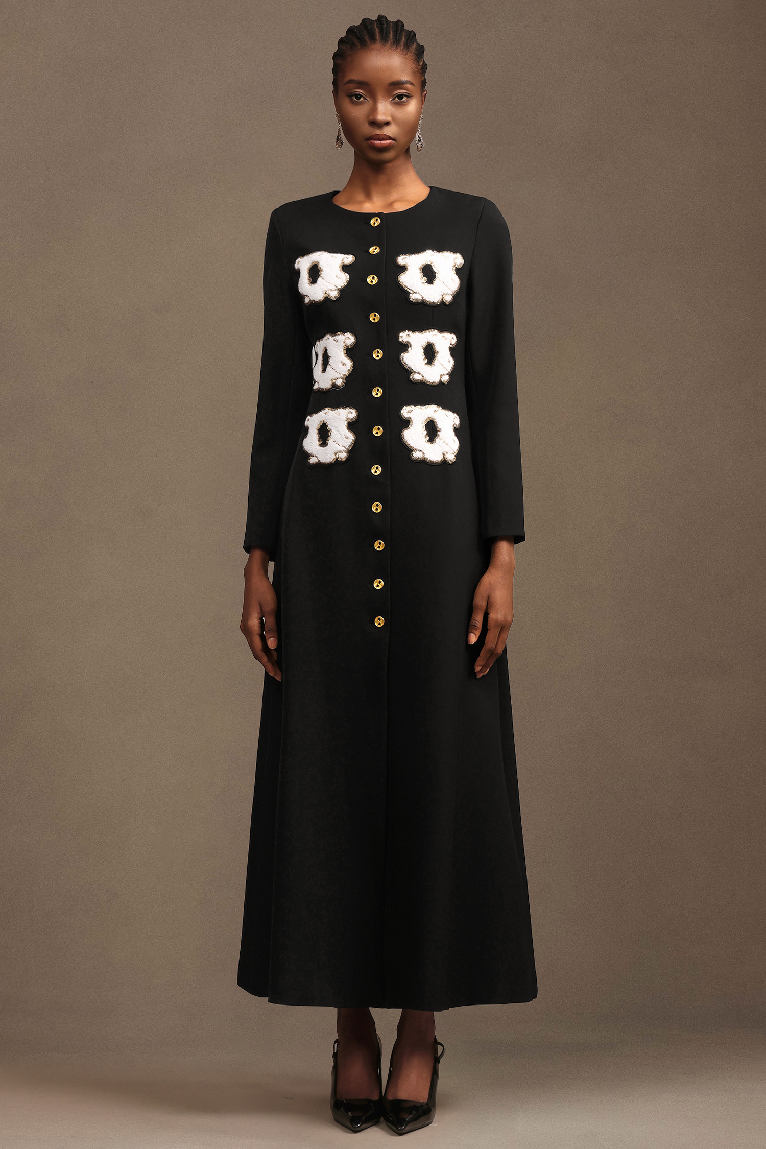 Natalya Elegant Tailored Round Neck Long Sleeve Woven Maxi Dress