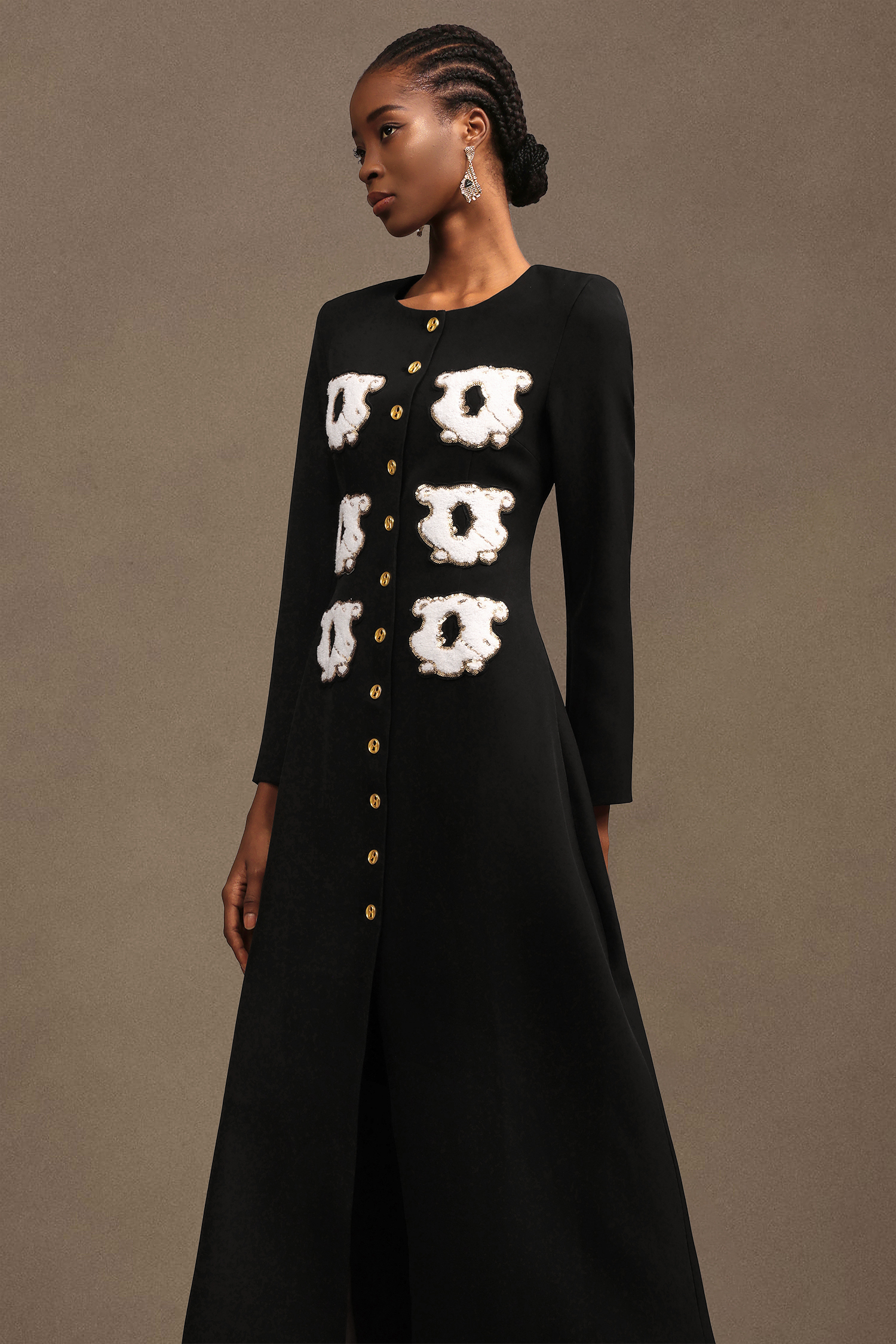 Natalya Elegant Tailored Round Neck Long Sleeve Woven Maxi Dress