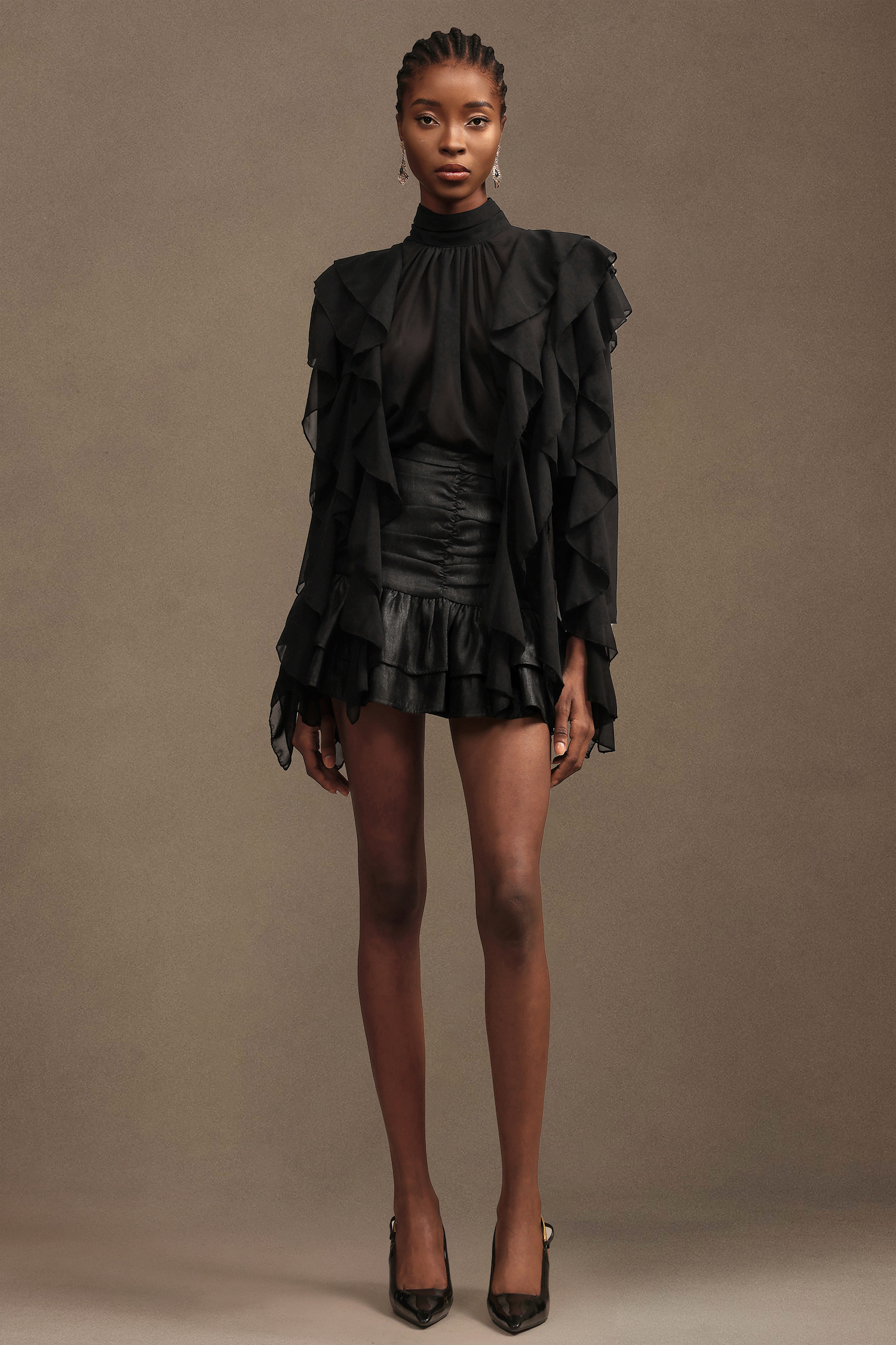 Pablo Chic Romantic Flowy Long Sleeve Ruched Chiffon Top And Skirt Two-Piece Set