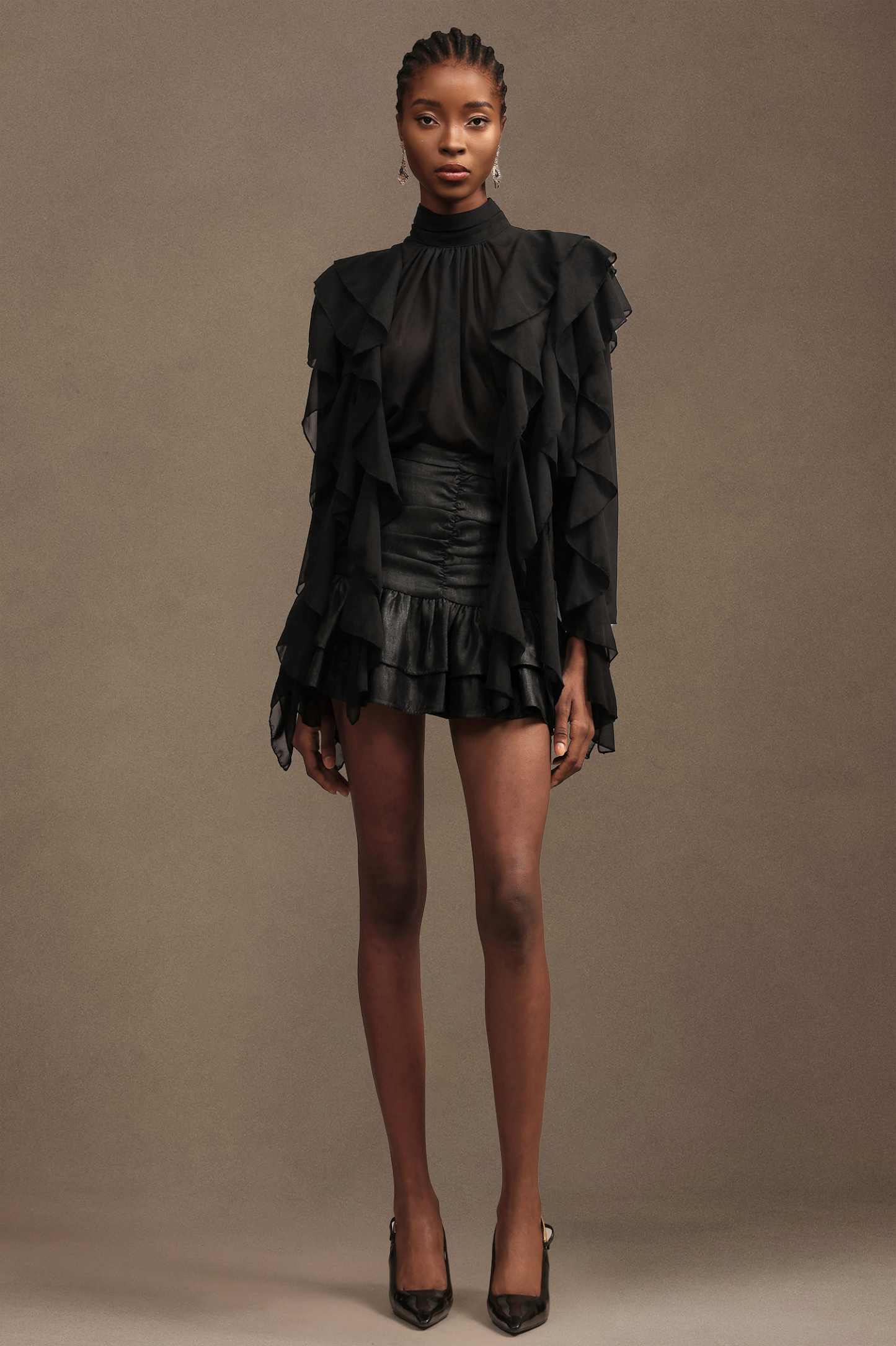 Pablo Chic Romantic Flowy Long Sleeve Ruched Chiffon Top And Skirt Two-Piece Set