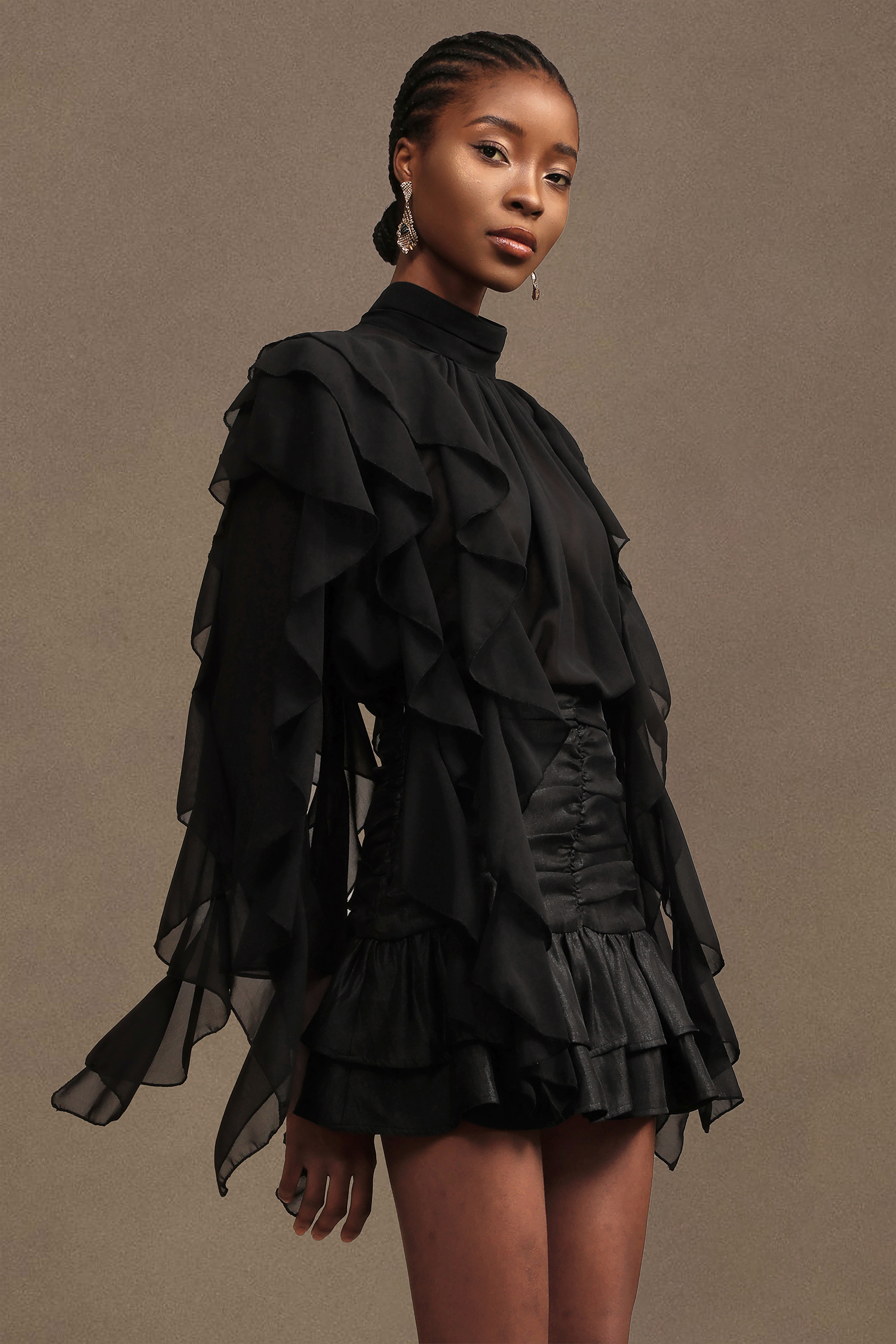 Pablo Chic Romantic Flowy Long Sleeve Ruched Chiffon Top And Skirt Two-Piece Set