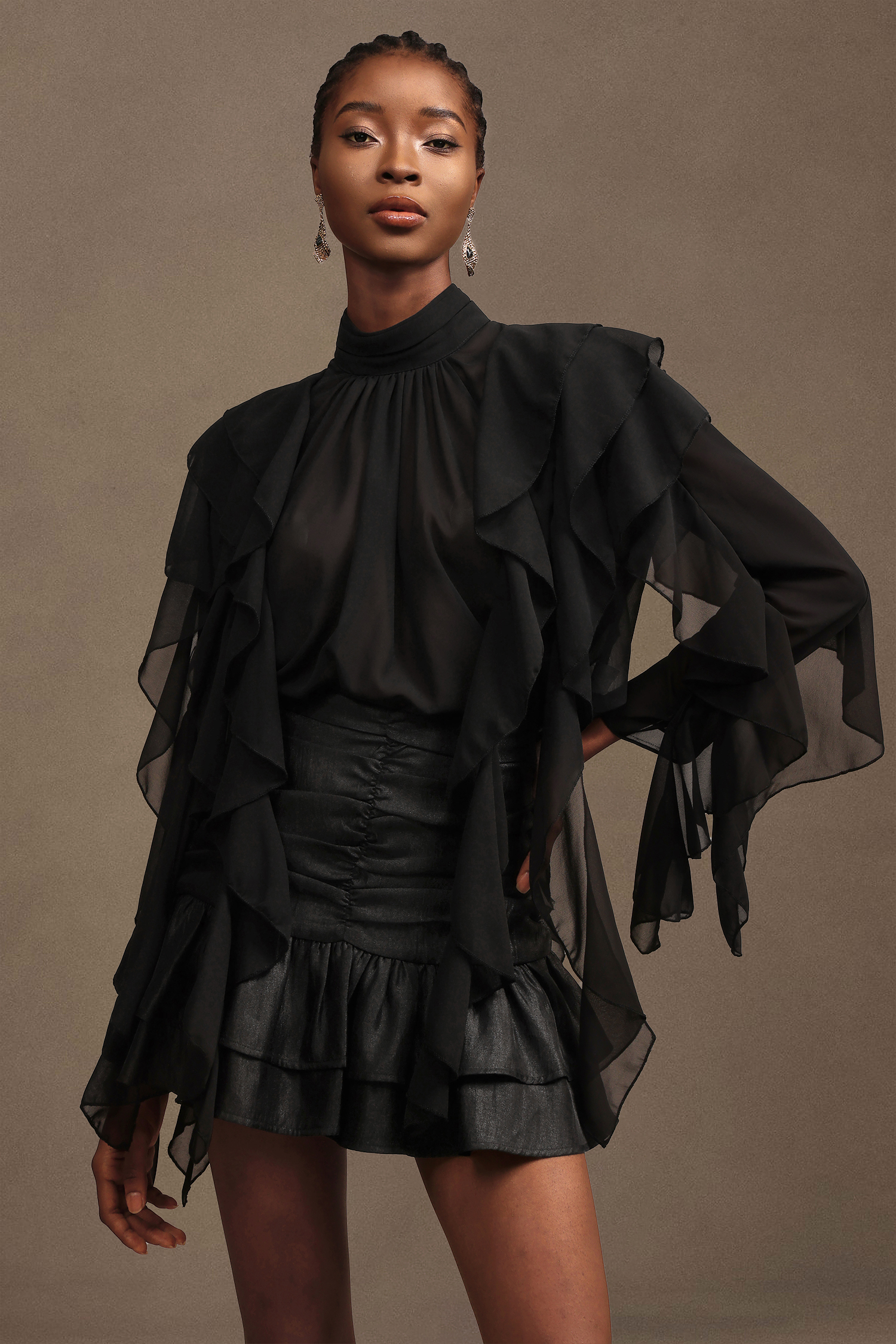 Pablo Chic Romantic Flowy Long Sleeve Ruched Chiffon Top And Skirt Two-Piece Set