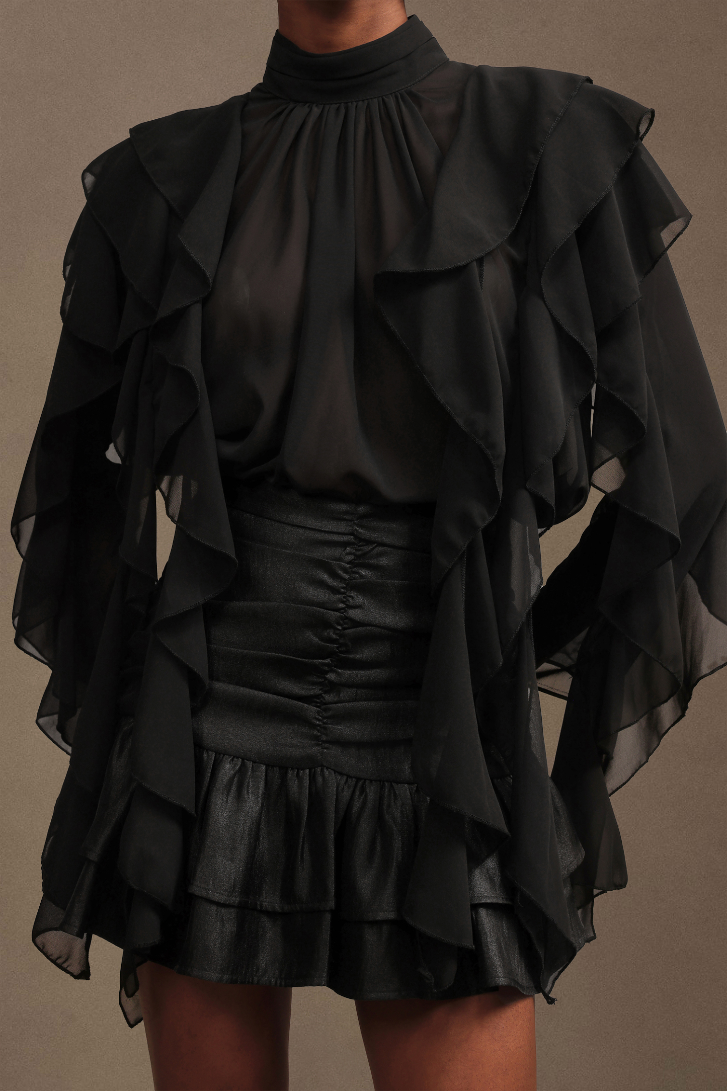 Pablo Chic Romantic Flowy Long Sleeve Ruched Chiffon Top And Skirt Two-Piece Set