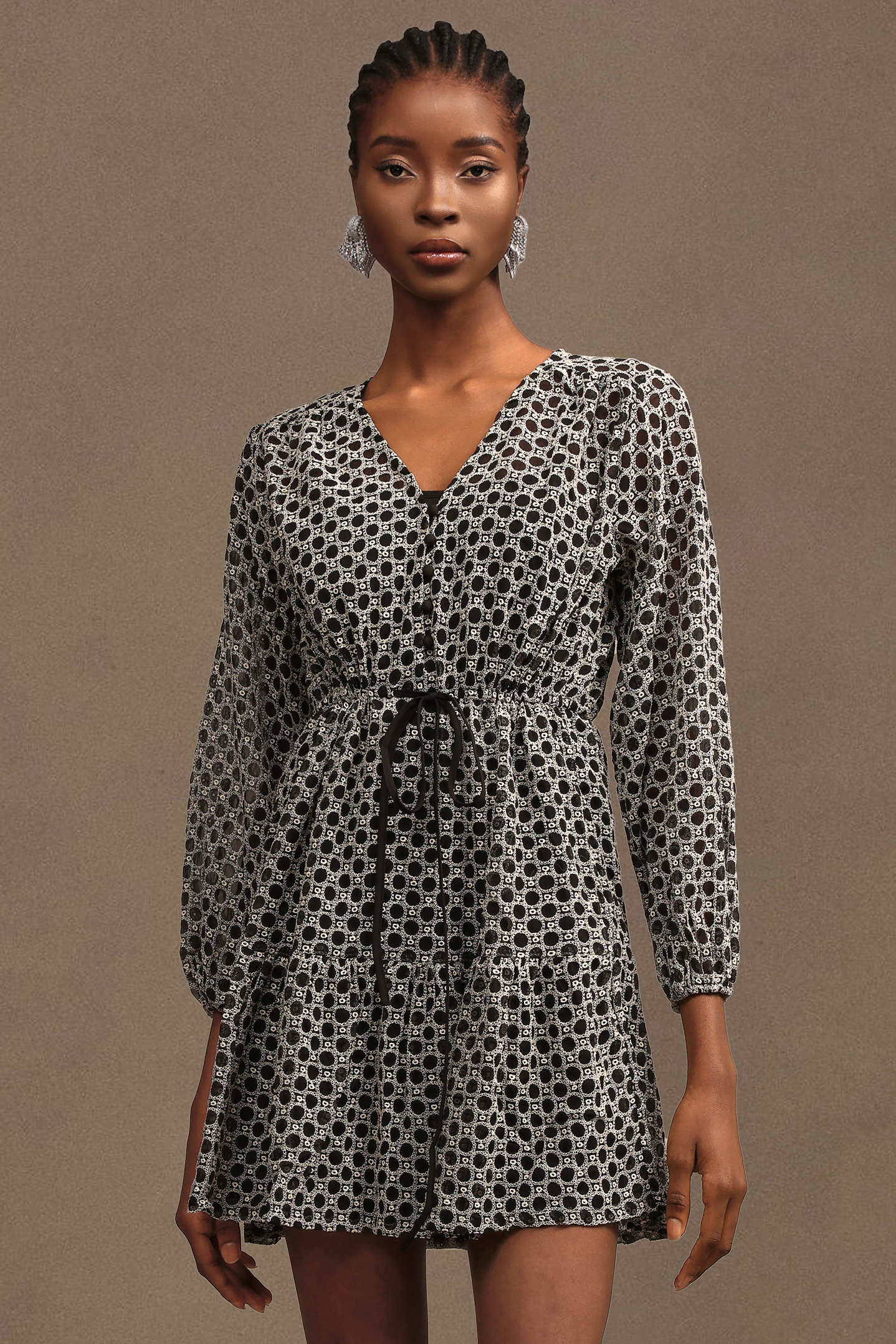 Jellay Vintage Chic V Neck Long Sleeve Chiffon Mini Dress