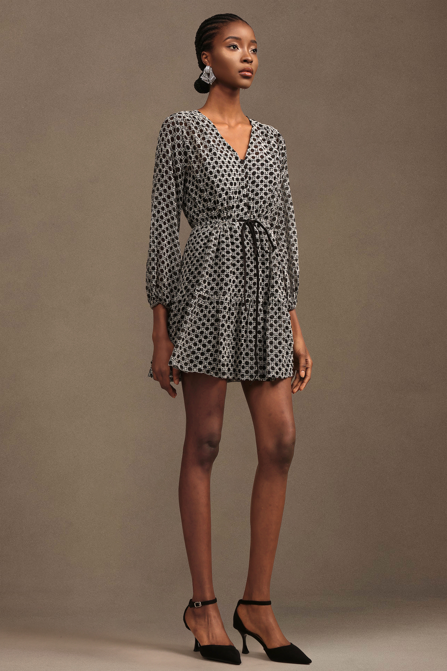 Jellay Vintage Chic V Neck Long Sleeve Chiffon Mini Dress