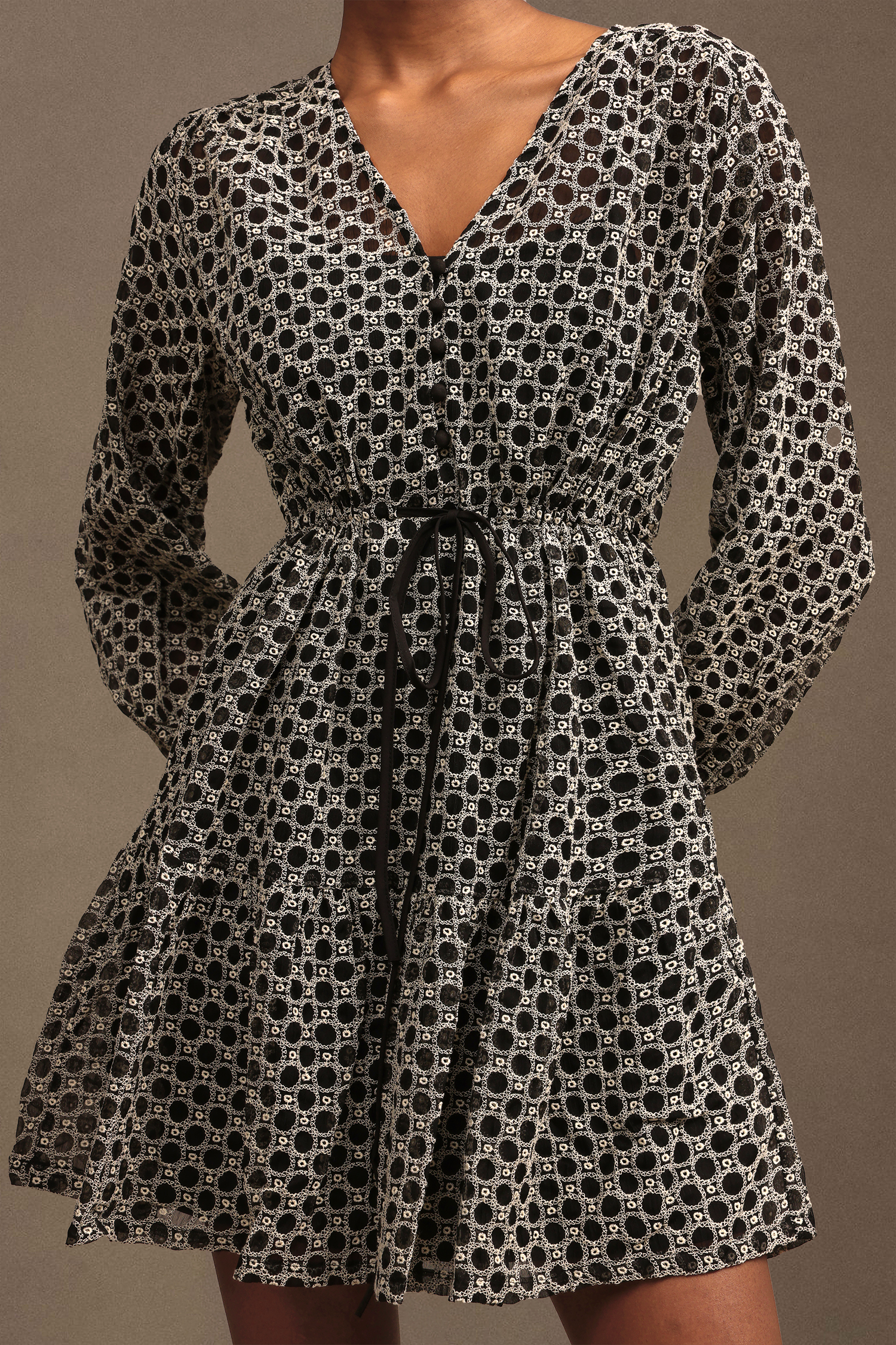 Jellay Vintage Chic V Neck Long Sleeve Chiffon Mini Dress