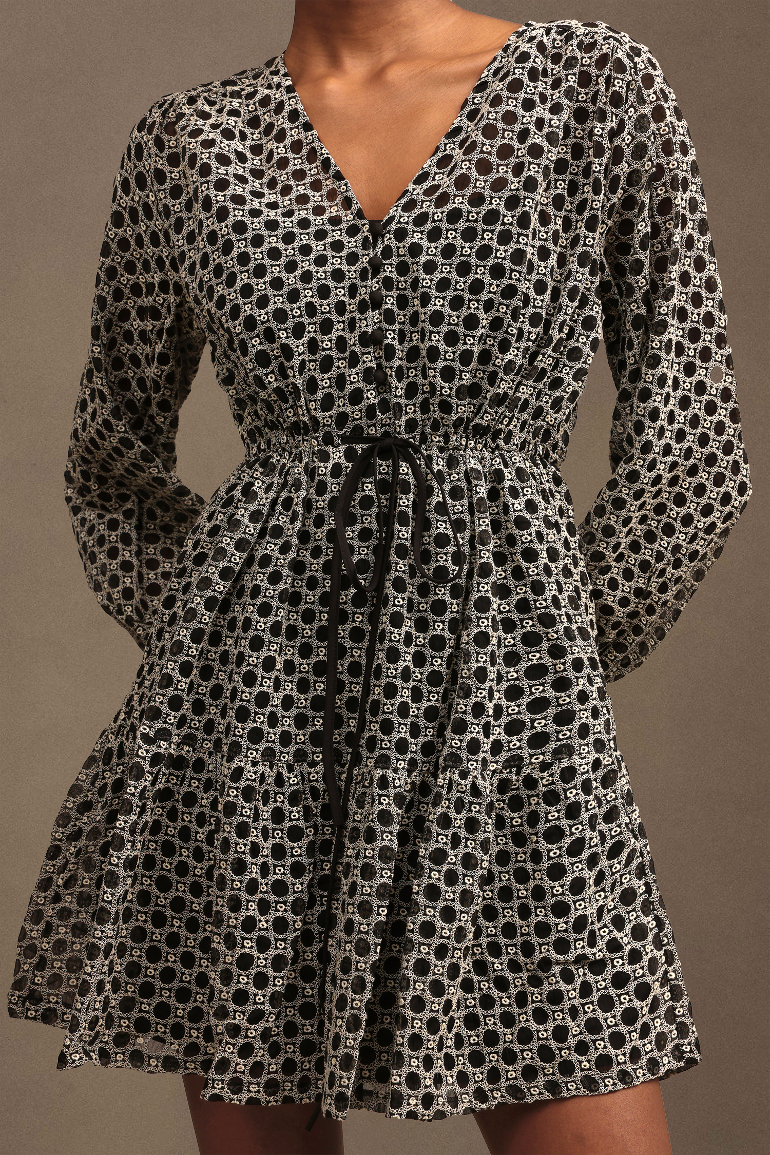 Jellay Vintage Chic V Neck Long Sleeve Chiffon Mini Dress