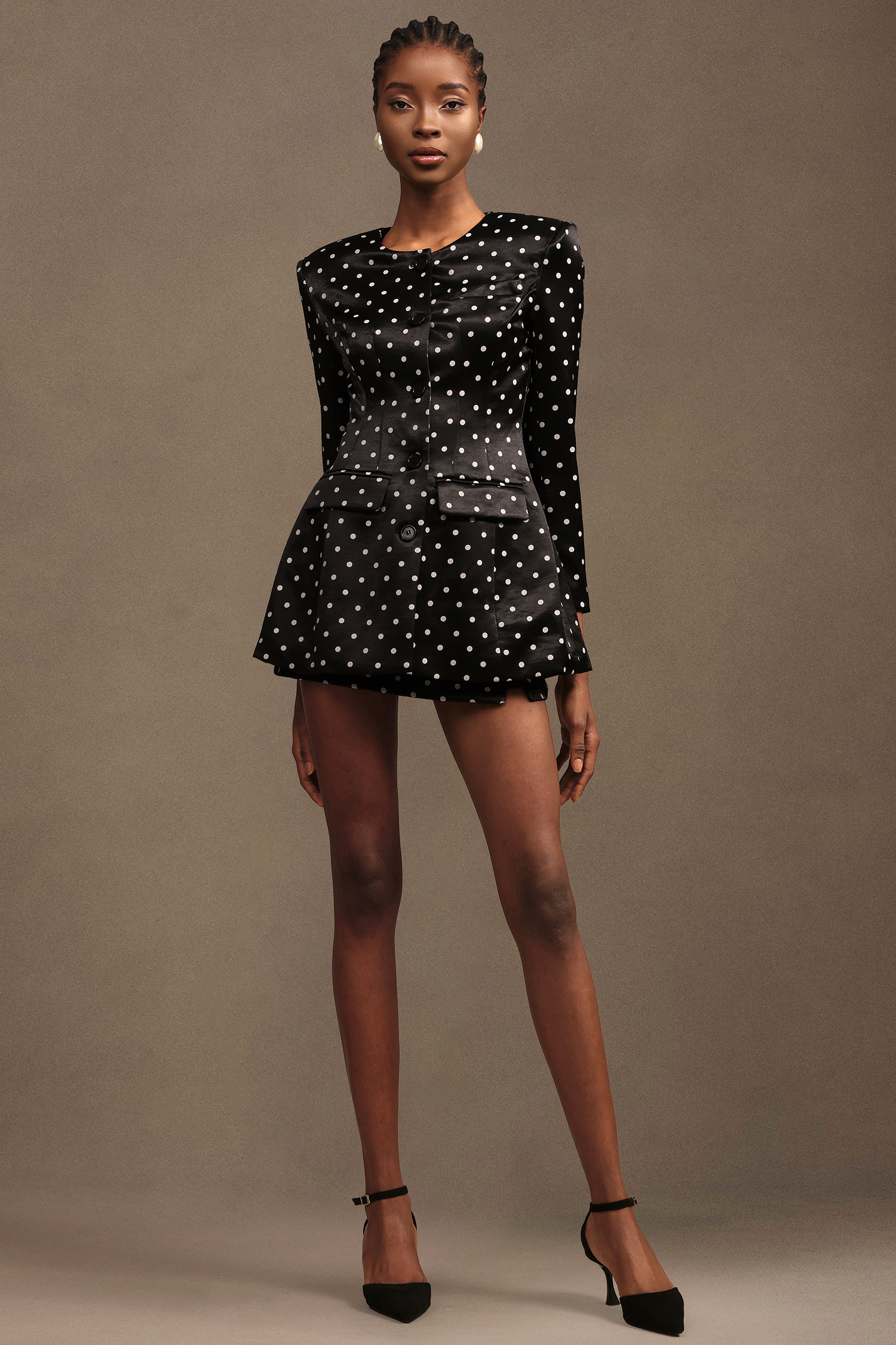 Pola Modern Tailored Round Neck Long Sleeve Polka Dot Printed Woven Mini Dress
