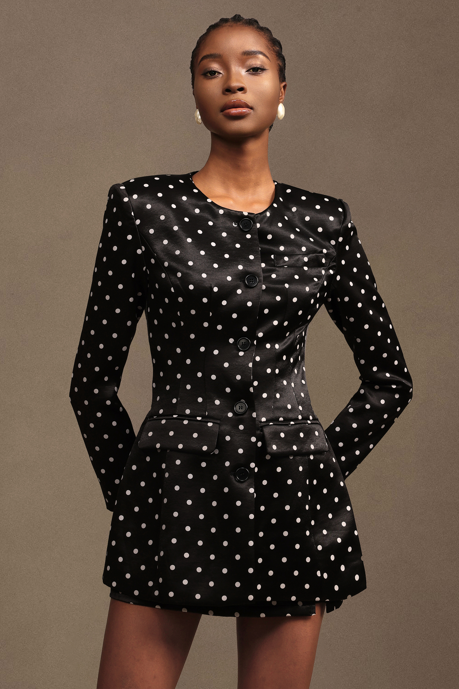 Pola Modern Tailored Round Neck Long Sleeve Polka Dot Printed Woven Mini Dress