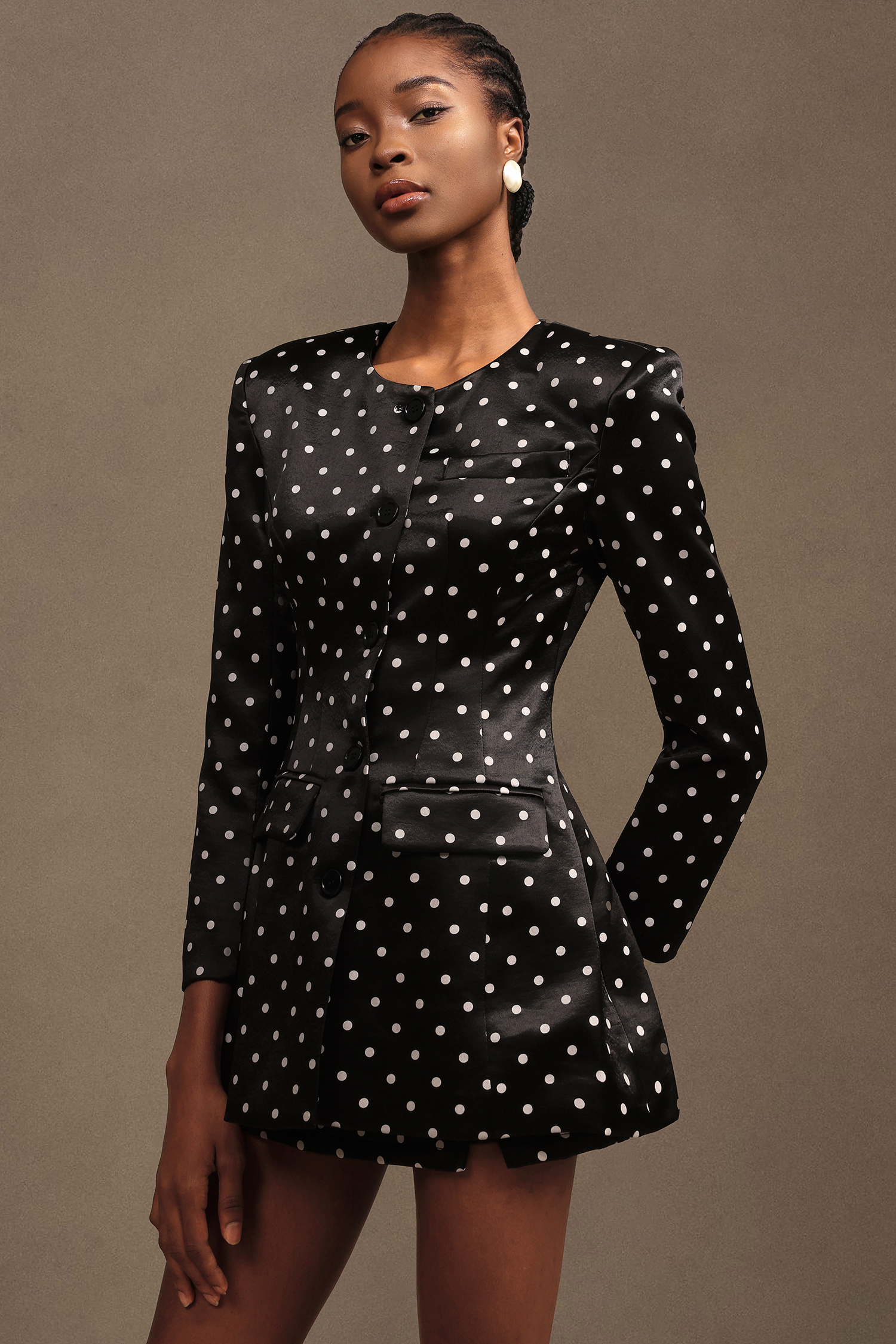 Pola Modern Tailored Round Neck Long Sleeve Polka Dot Printed Woven Mini Dress
