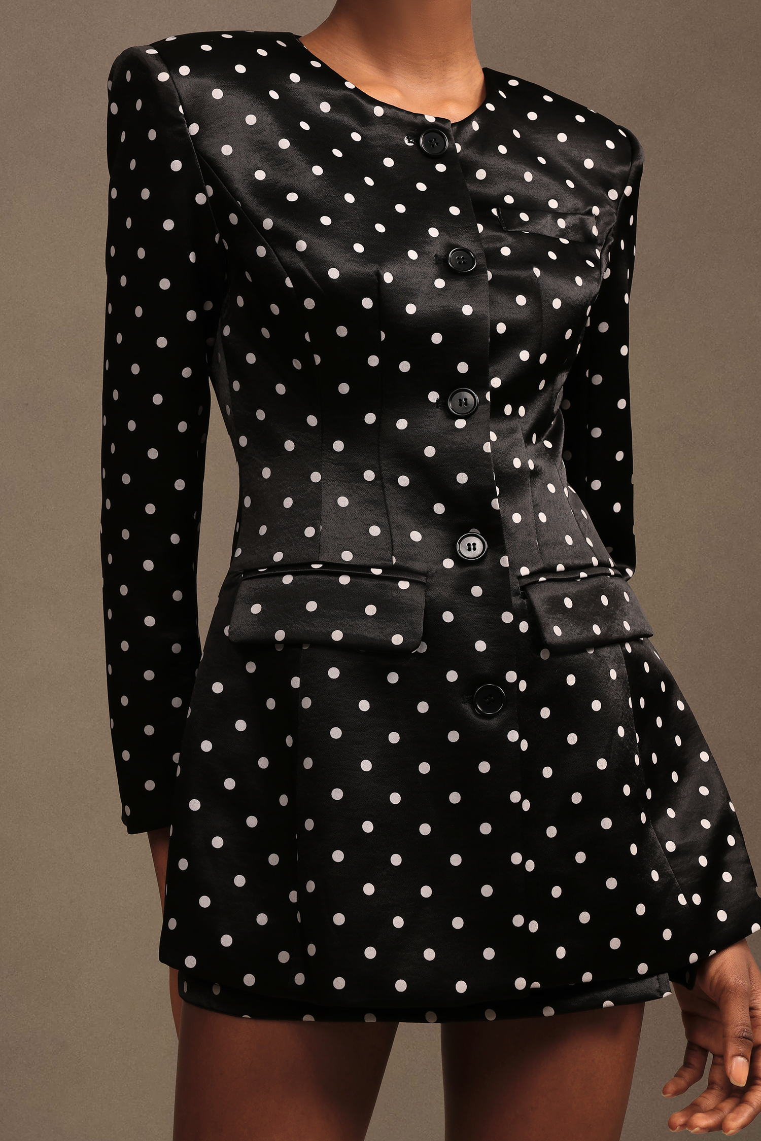 Pola Modern Tailored Round Neck Long Sleeve Polka Dot Printed Woven Mini Dress