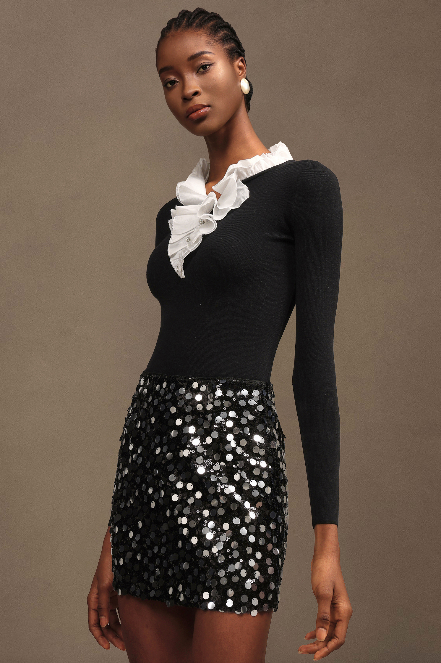 Emta Elegant Contour Long Sleeve Falbala Knit Top