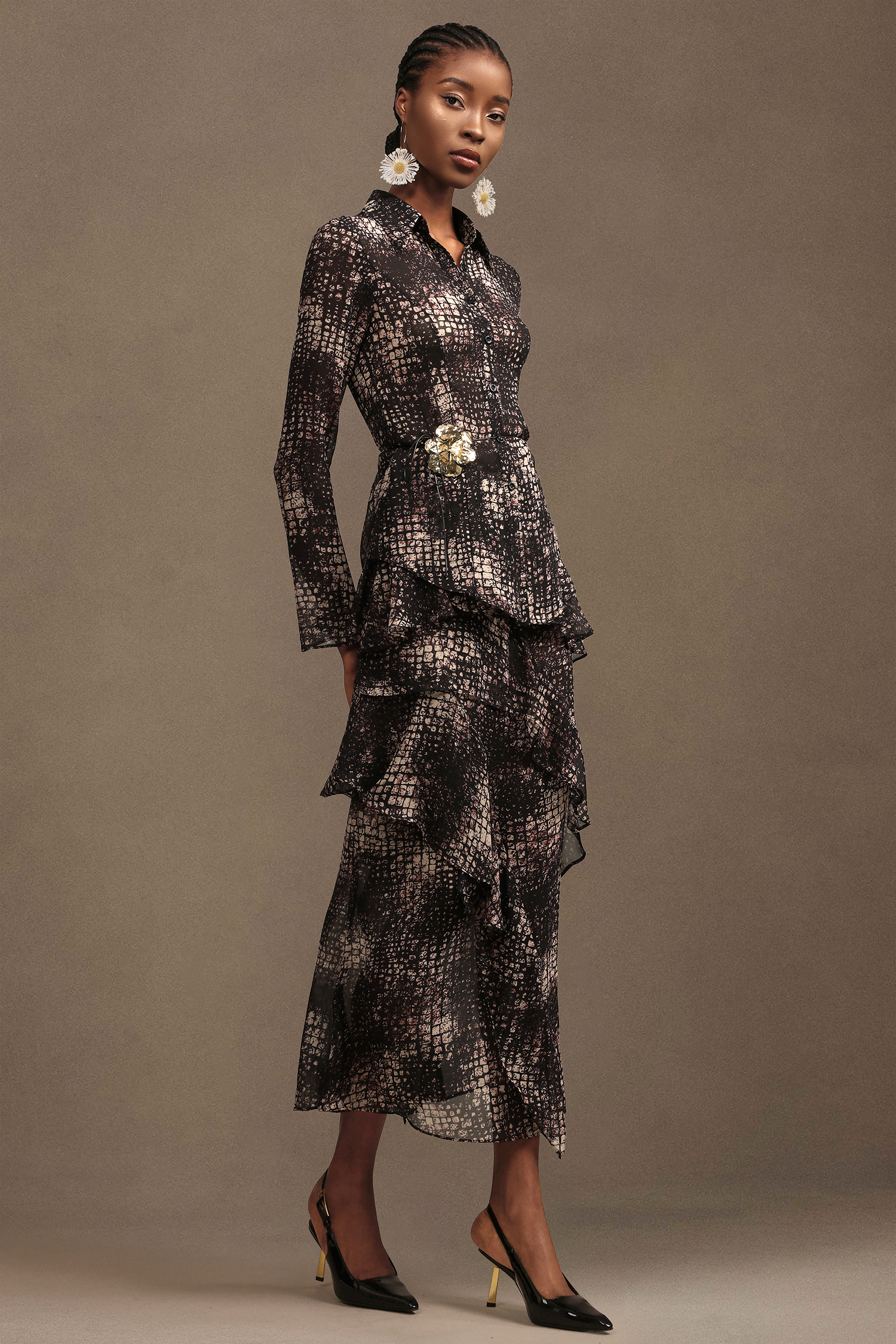 Keaton Resort Bohemian Long Sleeve Falbala Printed Chiffon Top And Skirt Two-Piece Set