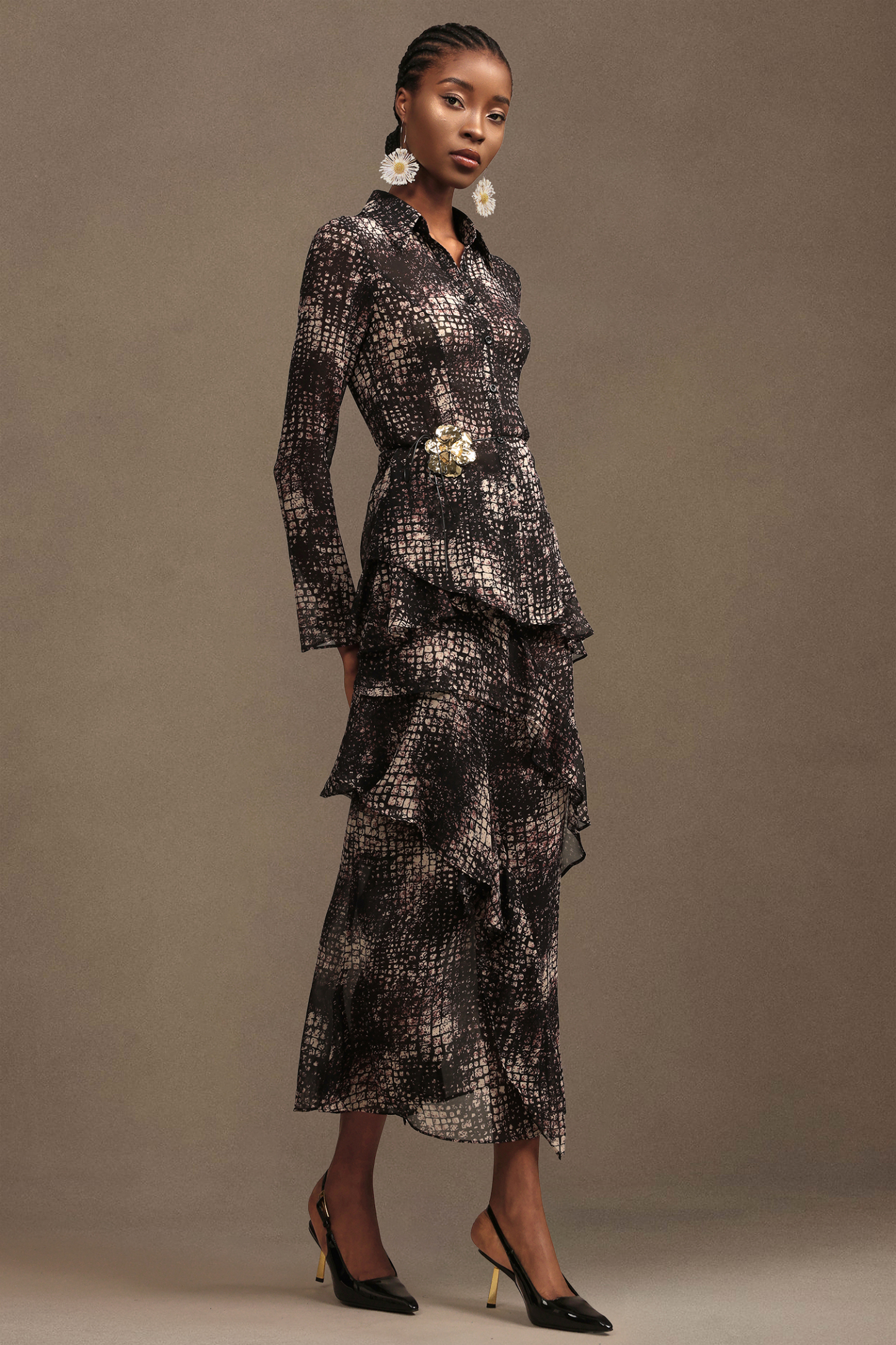 Keaton Resort Bohemian Long Sleeve Falbala Printed Chiffon Top And Skirt Two-Piece Set