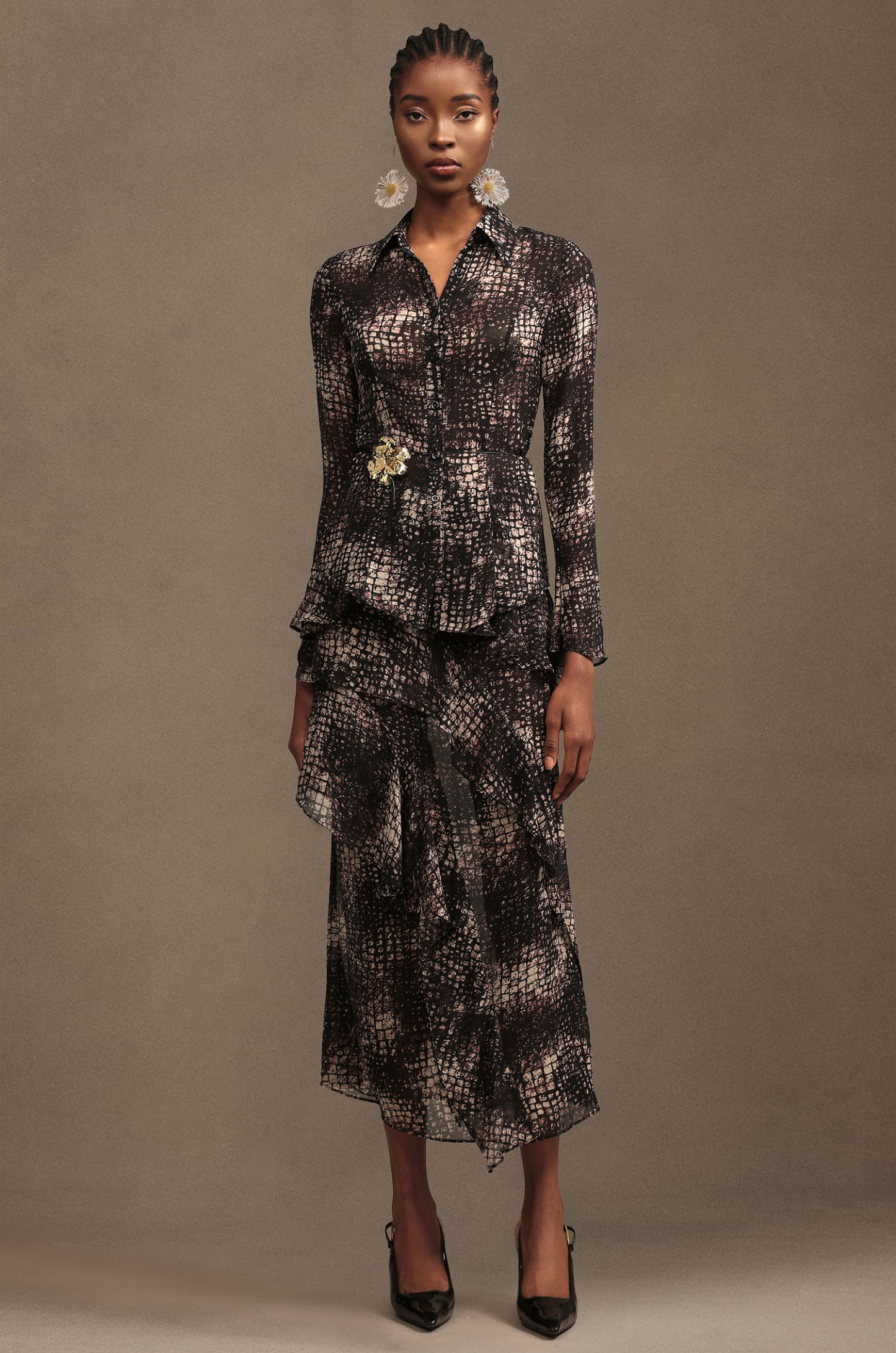 Keaton Resort Bohemian Long Sleeve Falbala Printed Chiffon Top And Skirt Two-Piece Set