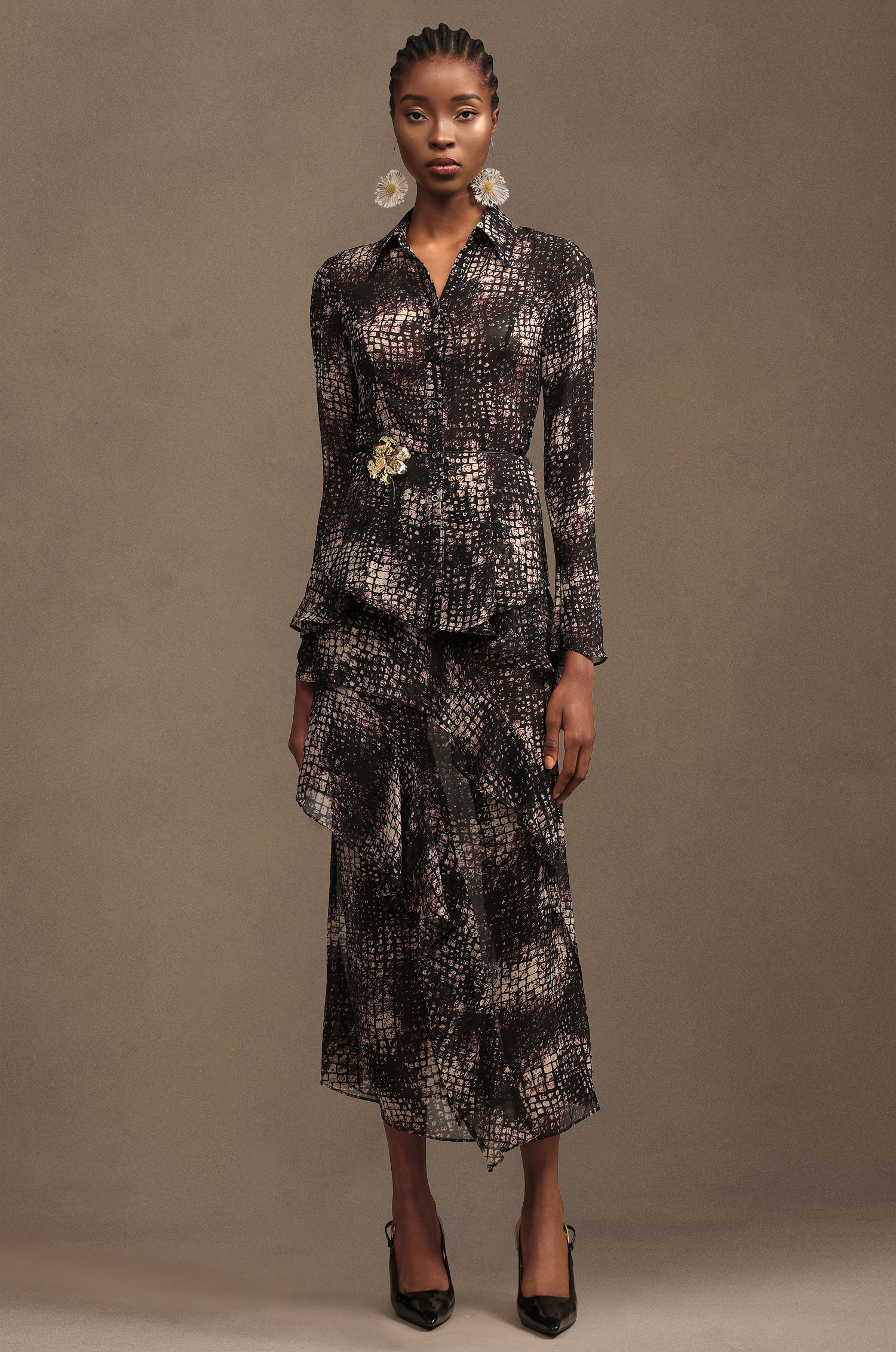 Keaton Resort Bohemian Long Sleeve Falbala Printed Chiffon Top And Skirt Two-Piece Set