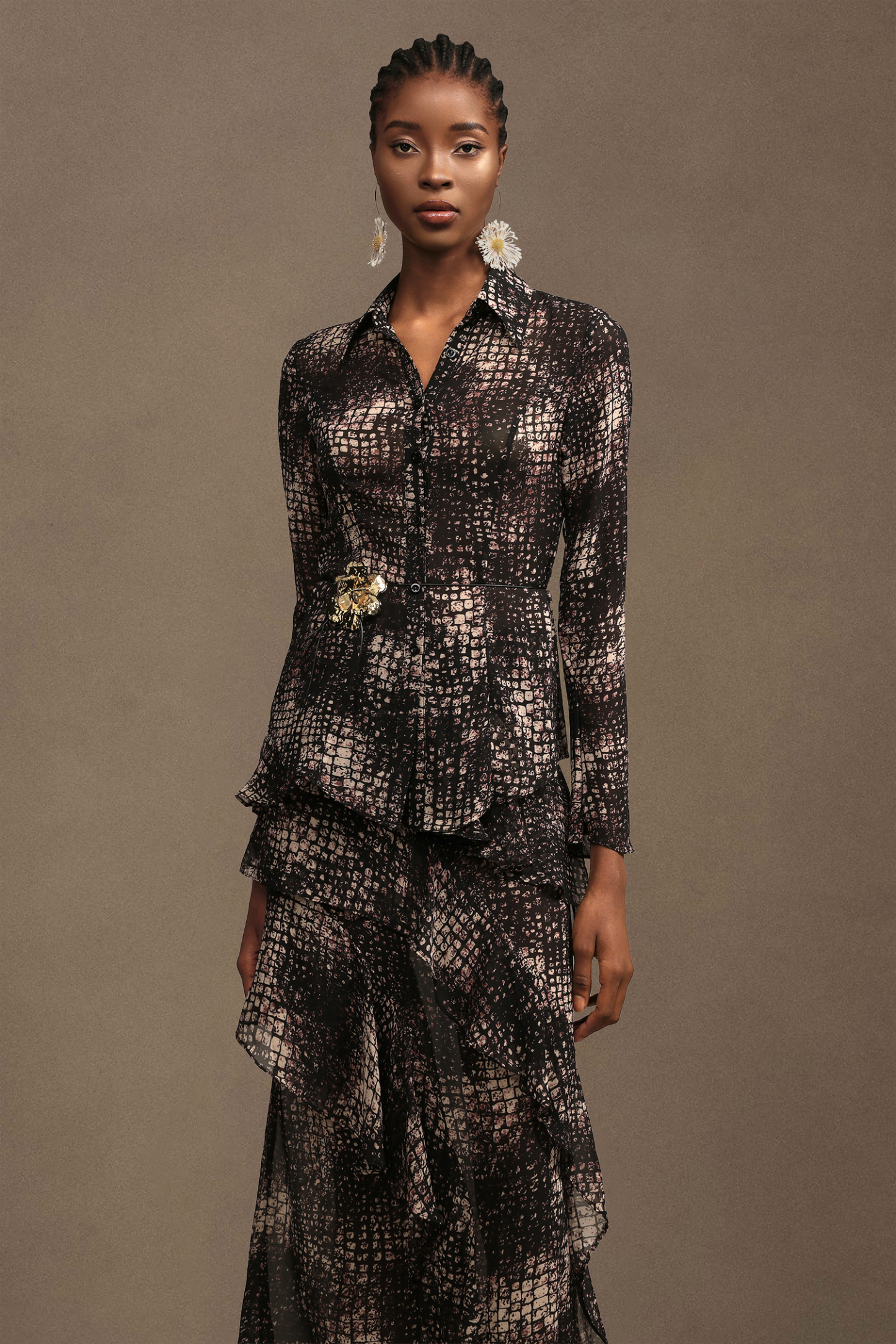 Keaton Resort Bohemian Long Sleeve Falbala Printed Chiffon Top And Skirt Two-Piece Set