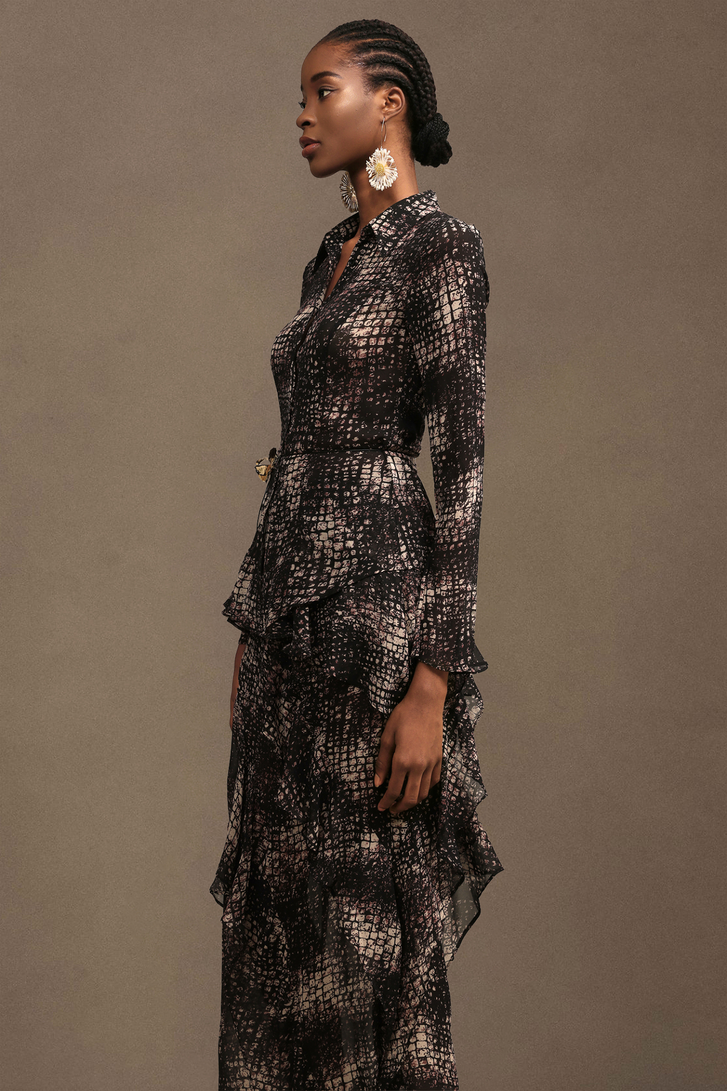 Keaton Resort Bohemian Long Sleeve Falbala Printed Chiffon Top And Skirt Two-Piece Set