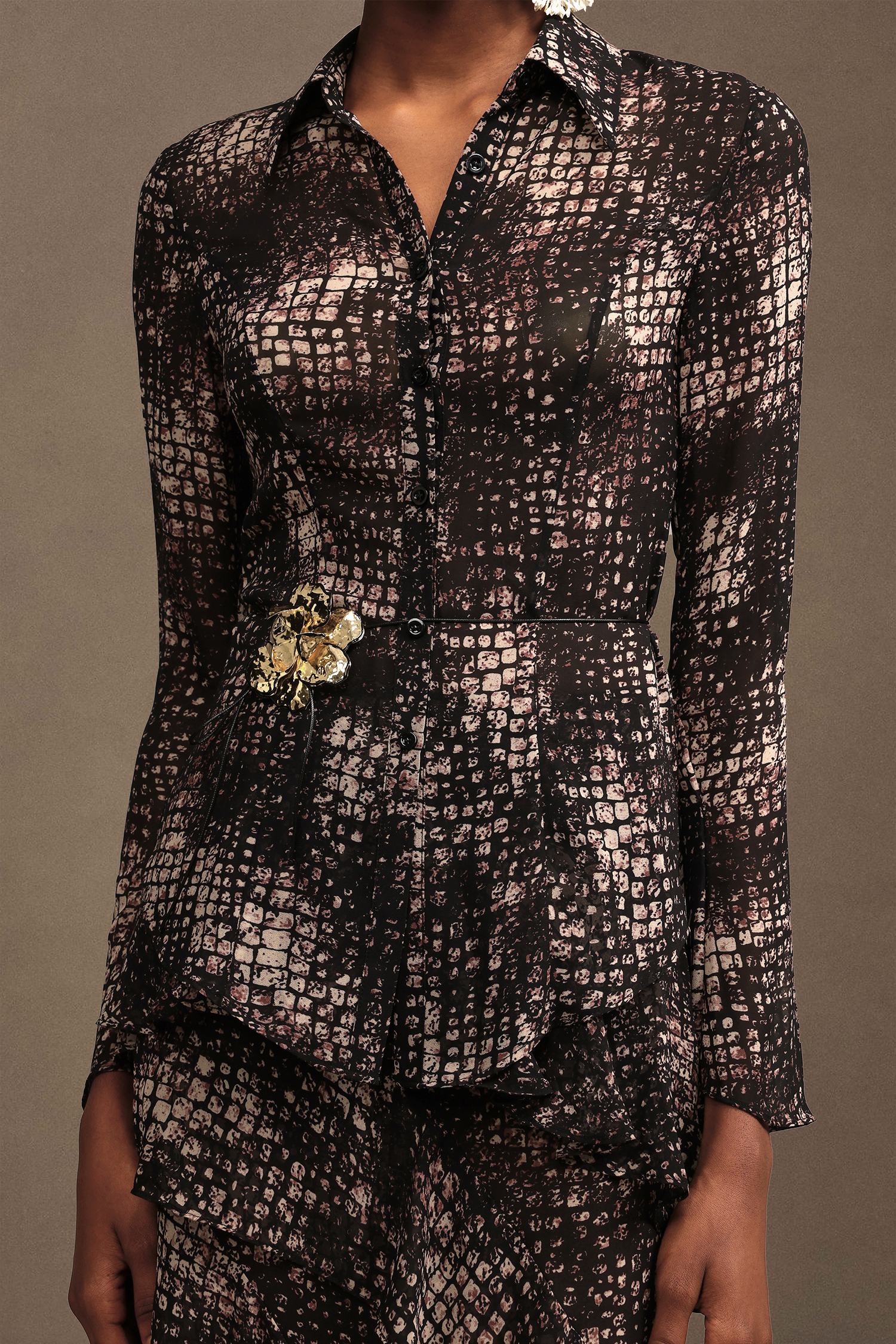 Keaton Resort Bohemian Long Sleeve Falbala Printed Chiffon Top And Skirt Two-Piece Set