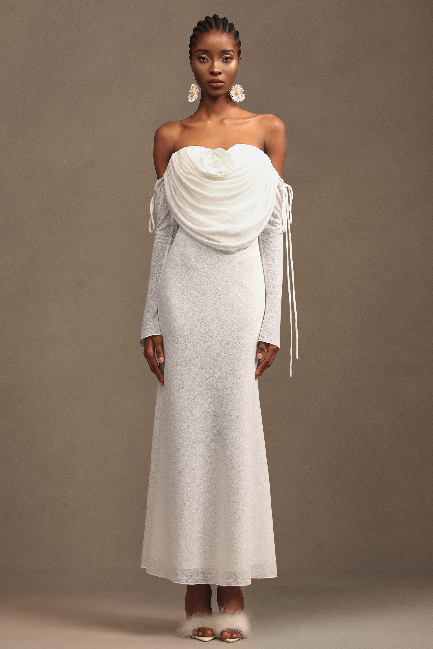 Tahoe Elegant Contour Off-The-Shoulder Long Sleeve Knit Maxi Dress