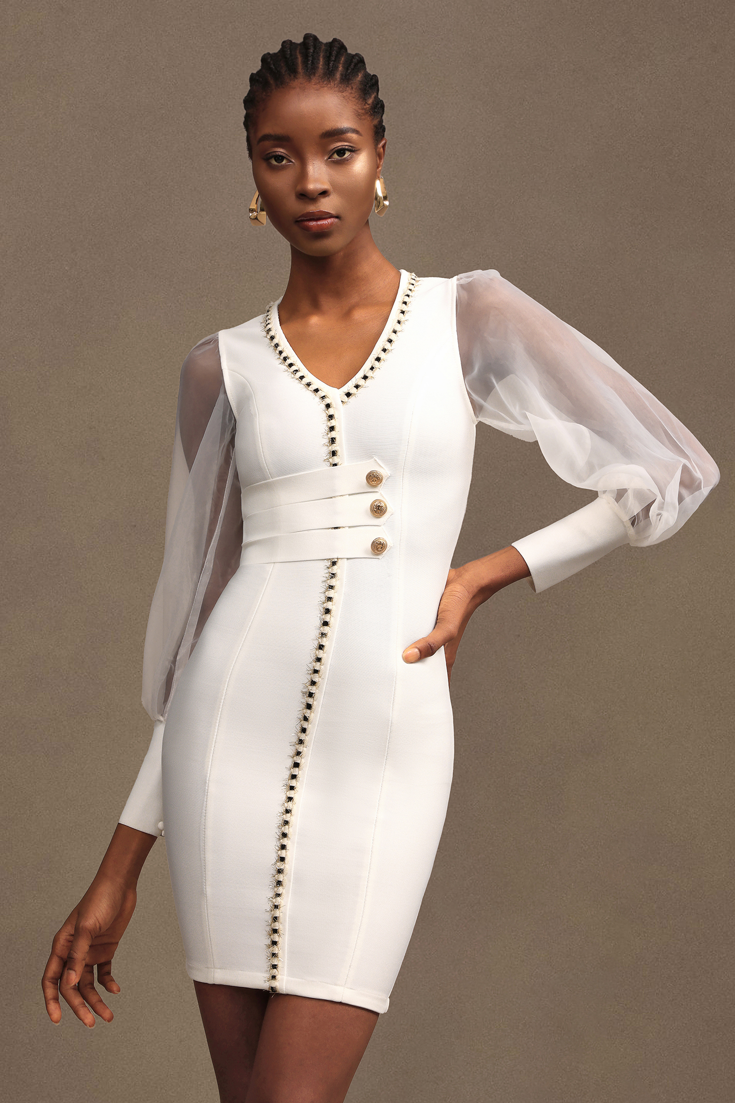 Lorelie Chic Contour Chiffon Long Sleeve Bandage Mini Dress