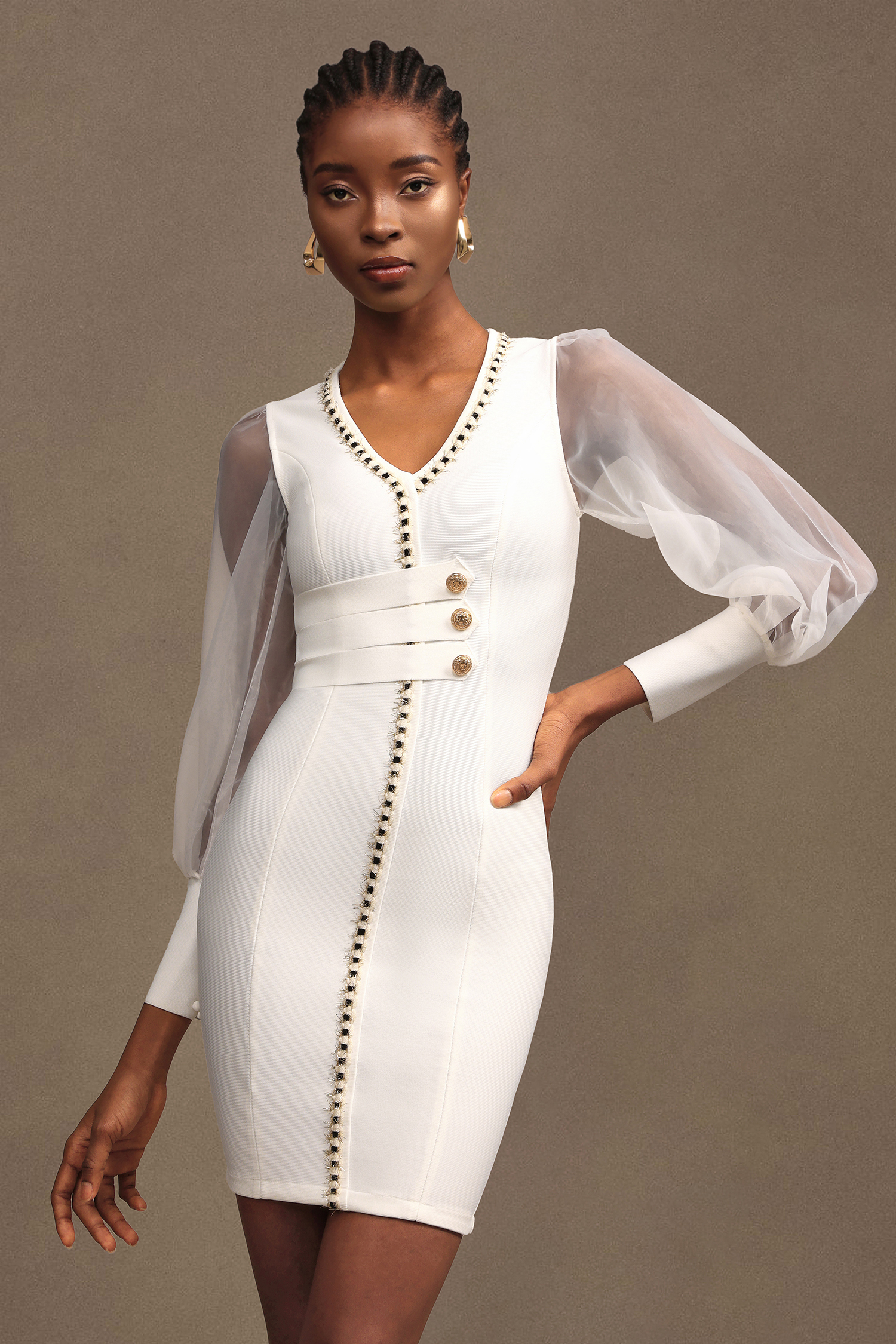 Lorelie Chic Contour Chiffon Long Sleeve Bandage Mini Dress