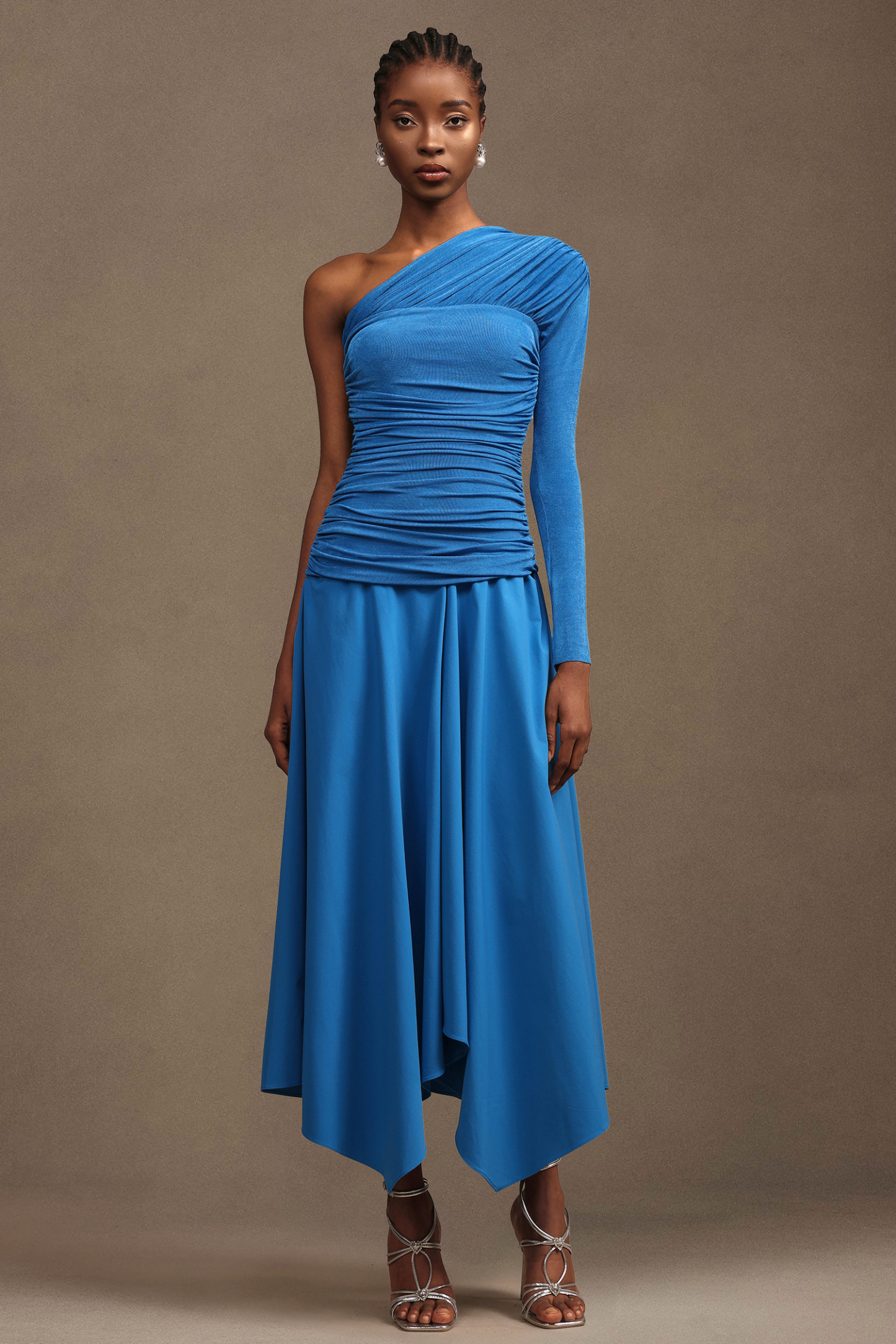 Saturn Resort Contour Ruched Asymmetric Long Sleeve Knit Maxi Dress