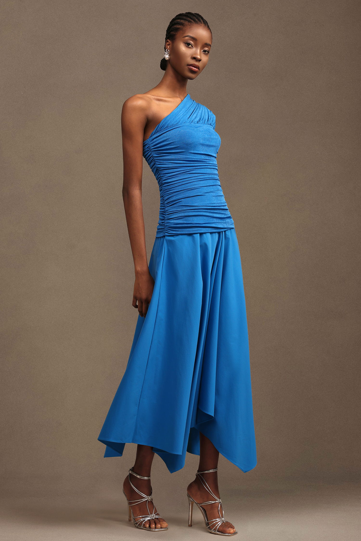 Saturn Resort Contour Ruched Asymmetric Long Sleeve Knit Maxi Dress