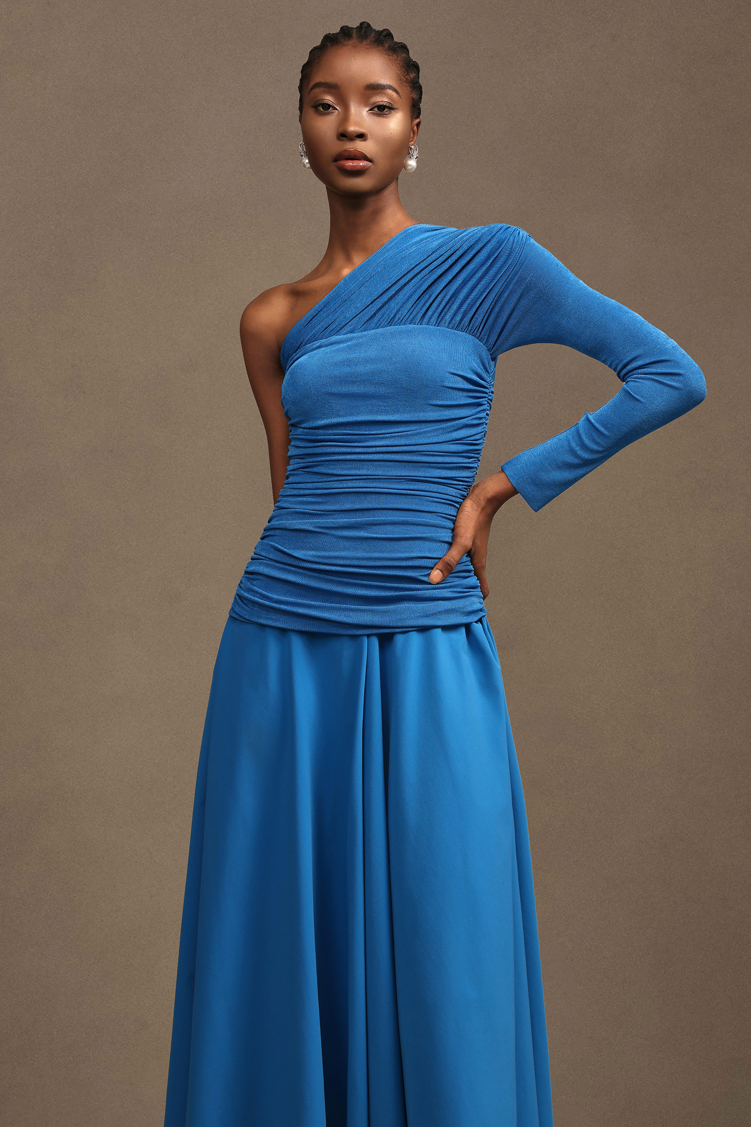 Saturn Resort Contour Ruched Asymmetric Long Sleeve Knit Maxi Dress