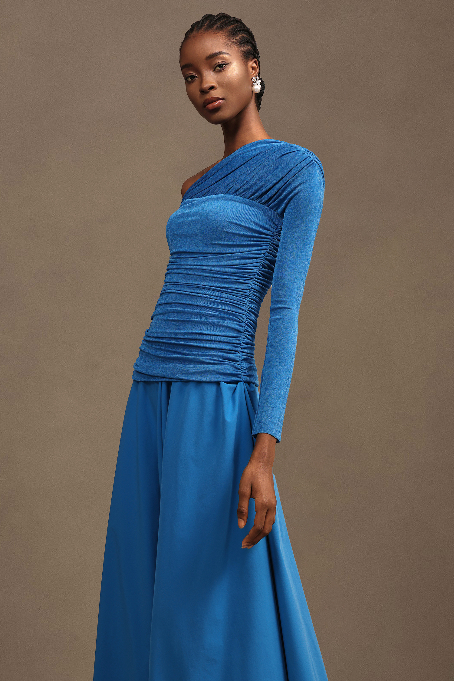 Saturn Resort Contour Ruched Asymmetric Long Sleeve Knit Maxi Dress