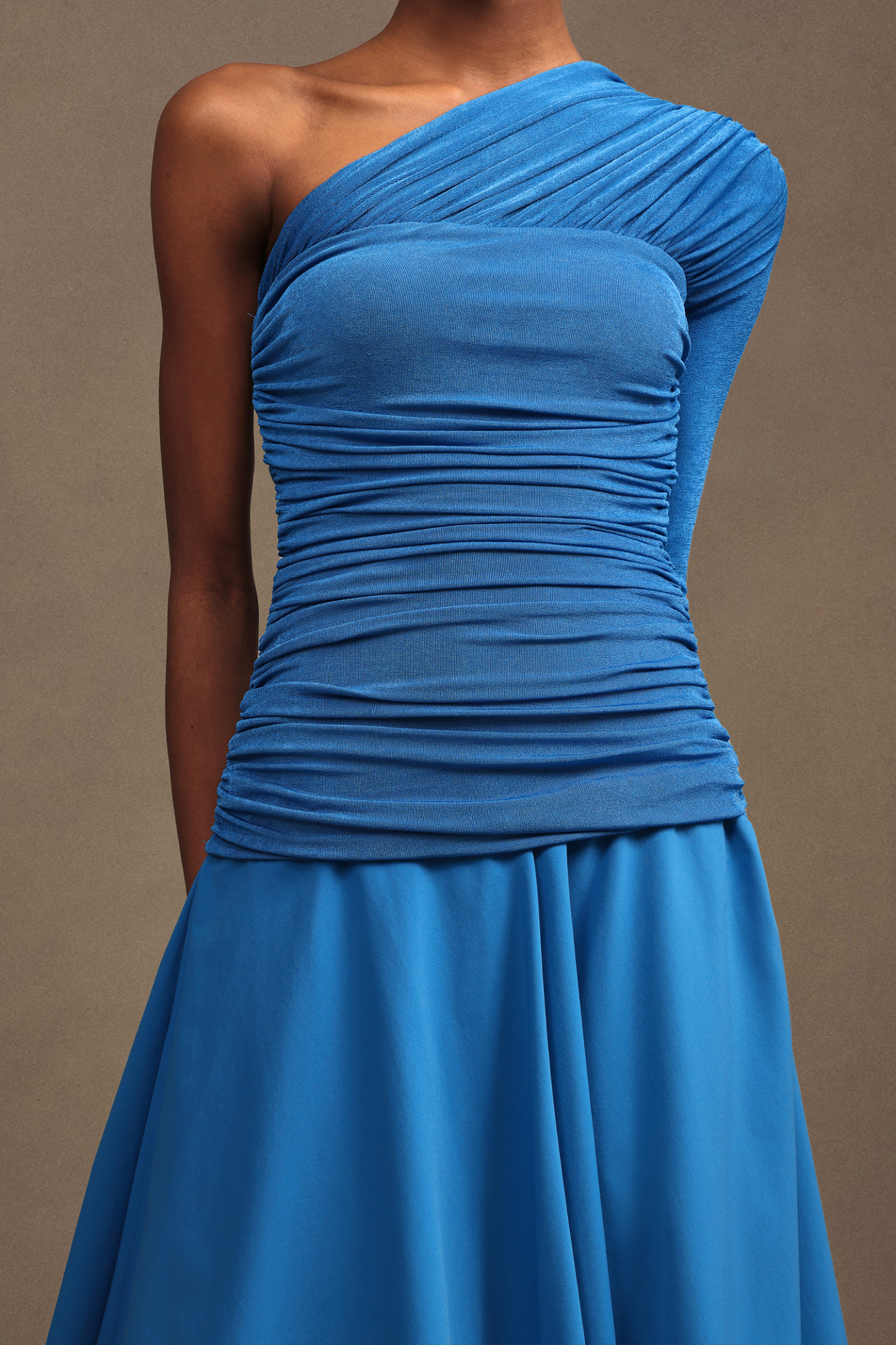 Saturn Resort Contour Ruched Asymmetric Long Sleeve Knit Maxi Dress