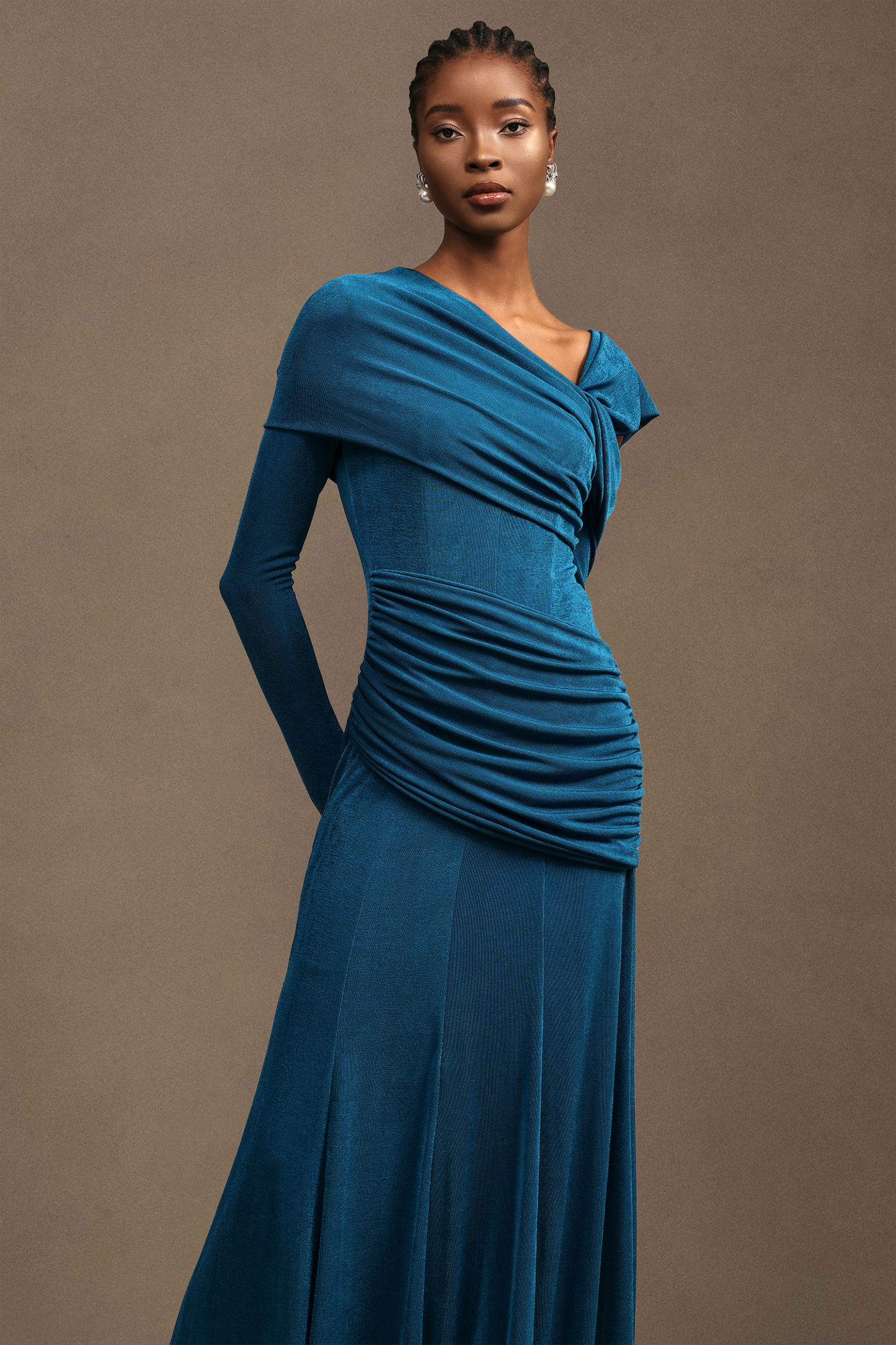 Luysa Elegant Contour One Shoulder Ruched Knit Maxi Dress