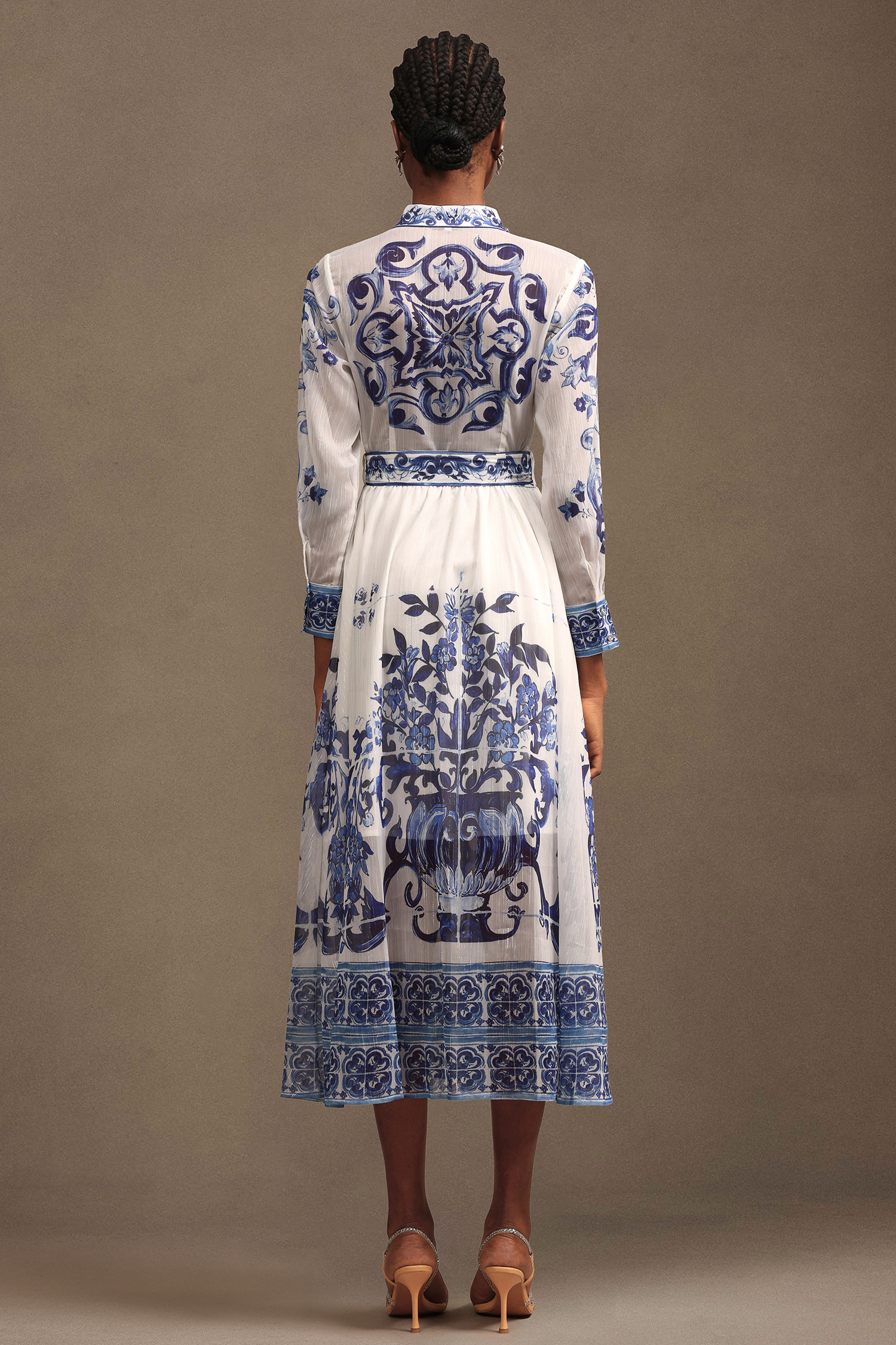 Valo Elegant Long Sleeve Printed Chiffon Midi Dress