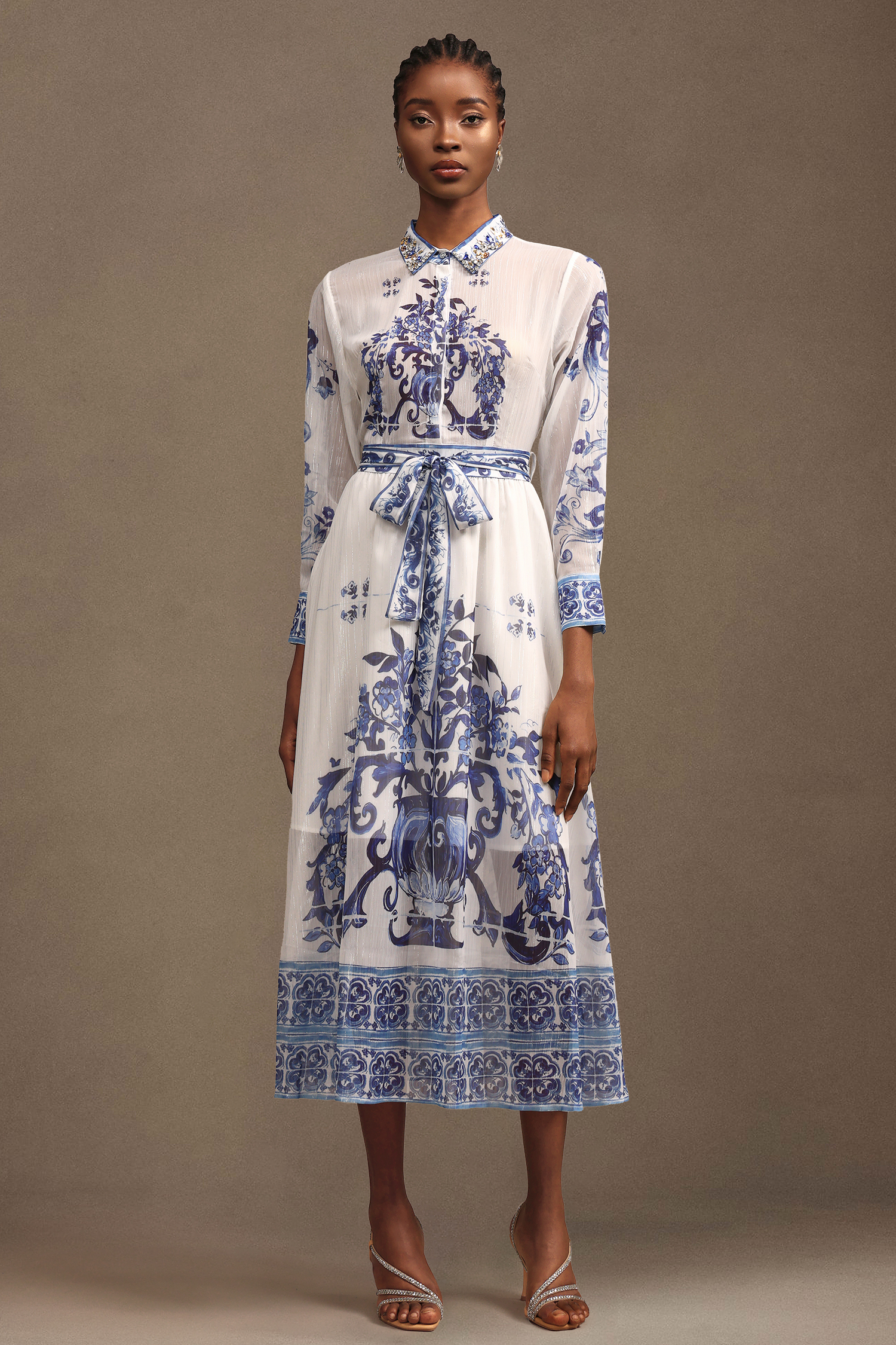 Valo Elegant Long Sleeve Printed Chiffon Midi Dress