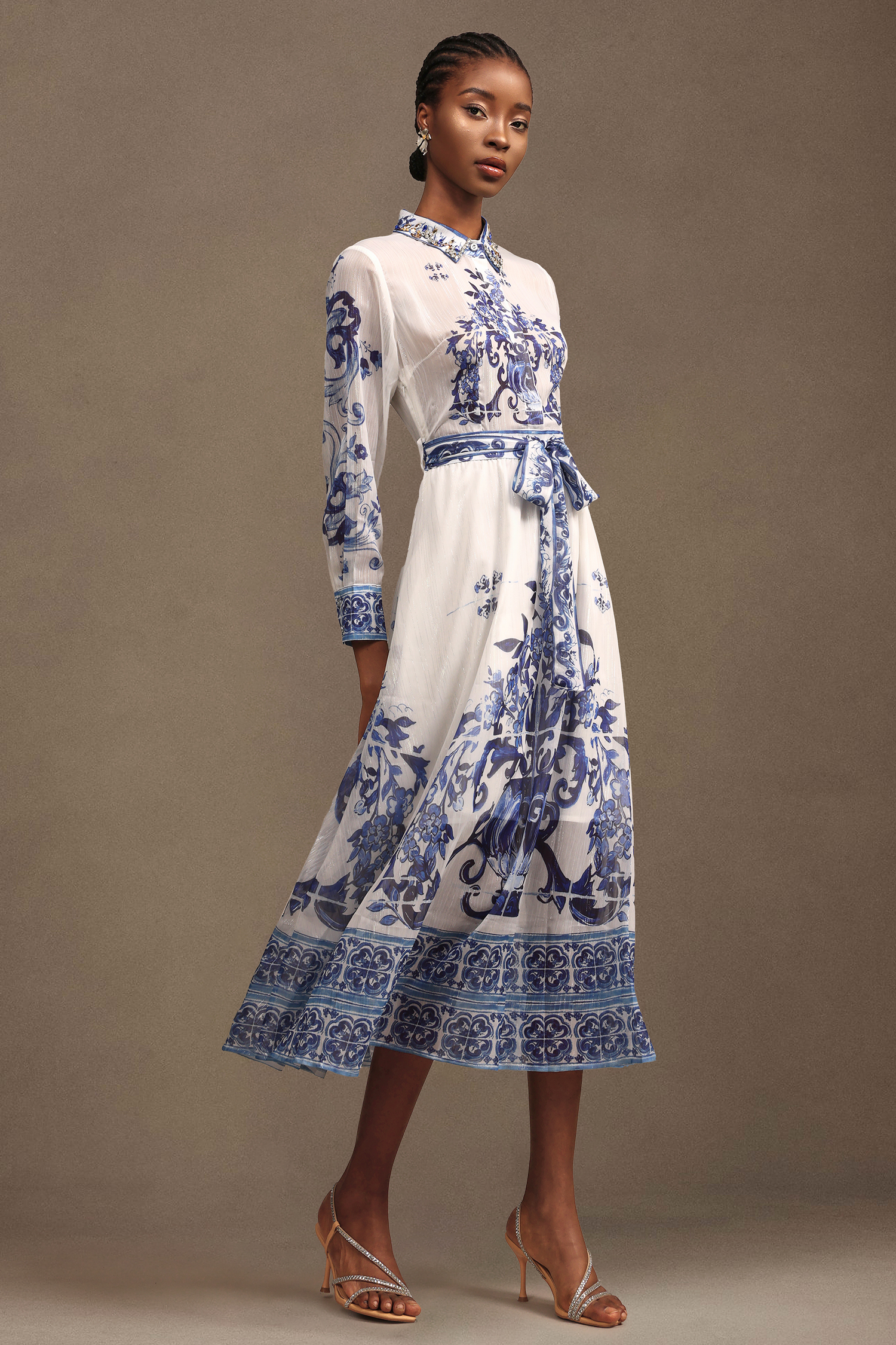 Valo Elegant Long Sleeve Printed Chiffon Midi Dress