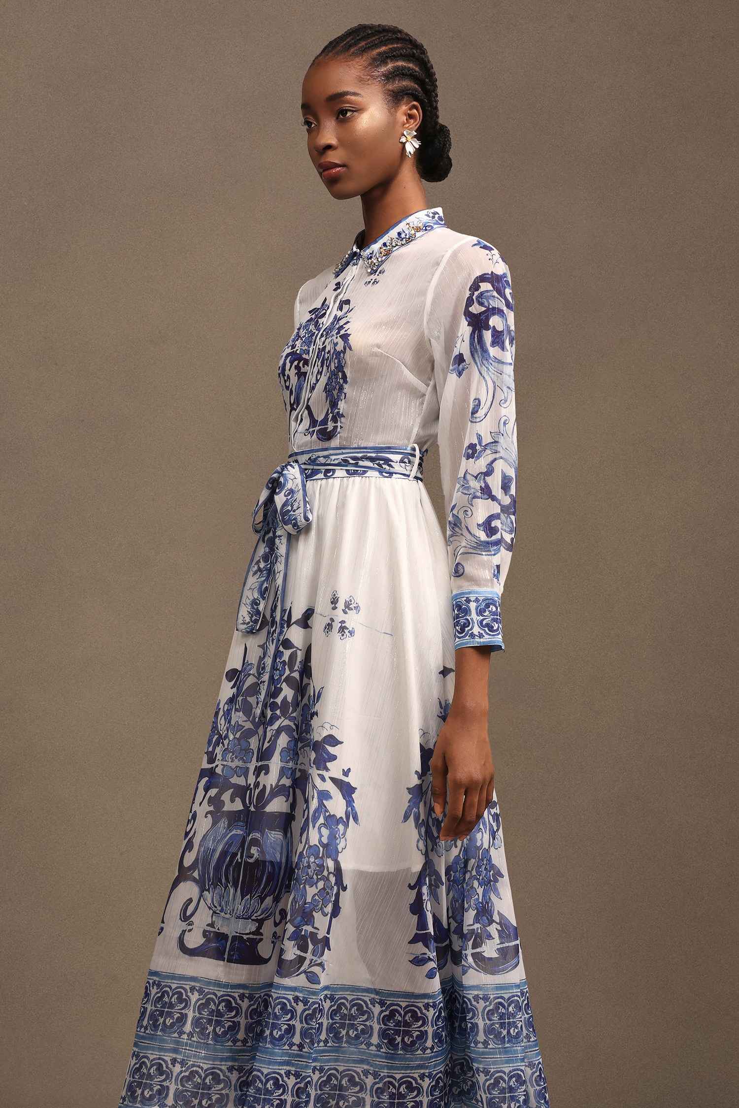 Valo Elegant Long Sleeve Printed Chiffon Midi Dress